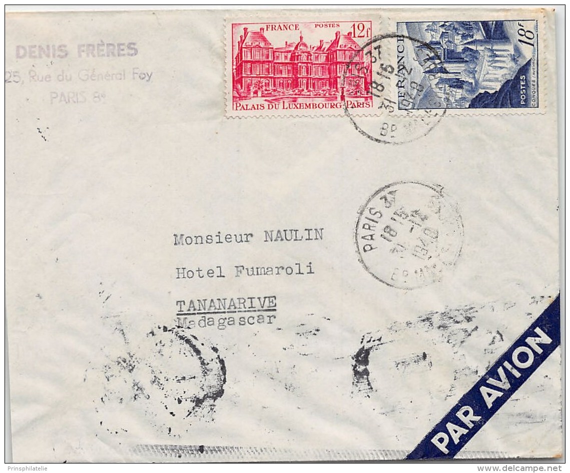 LETTRE DE PARIS  POUR MADAGASCAR PAR AVION AVEC BEL AFFRANCHISSEMENT  1948  COVER - 1921-1960: Modern Period