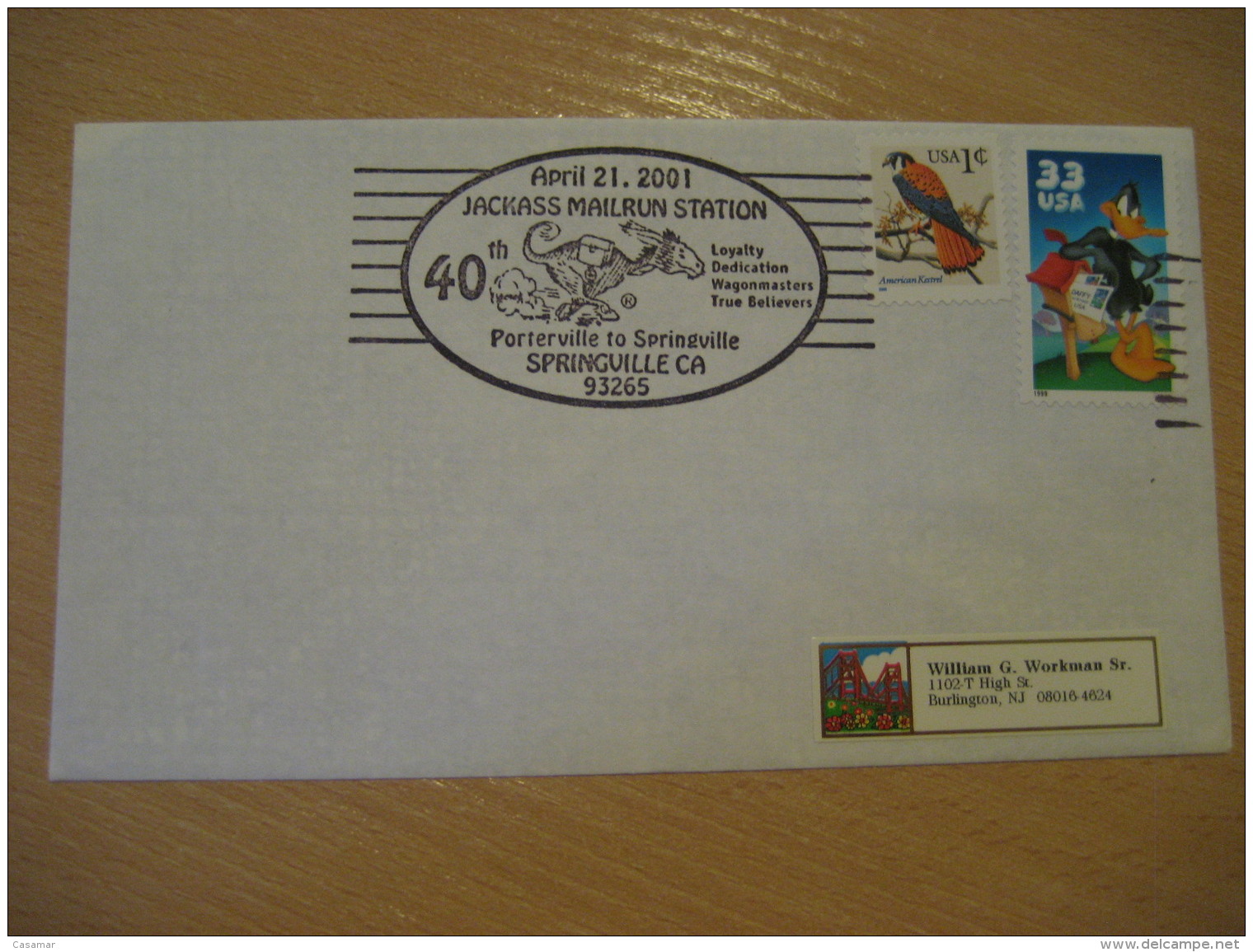 MAILRUN Porterville To Springville 2001 Cancel Cover USA Donkey Donkeys Horse - Anes