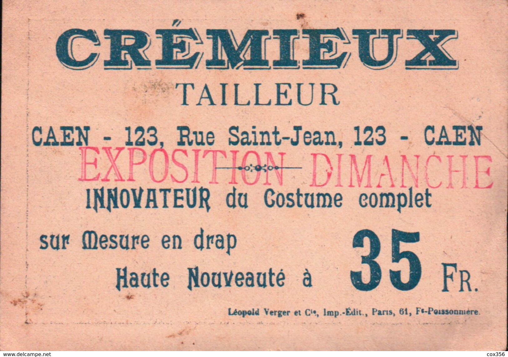 CHROMOS . CREMIEUX Tailleur à CAEN 14 - Autres & Non Classés