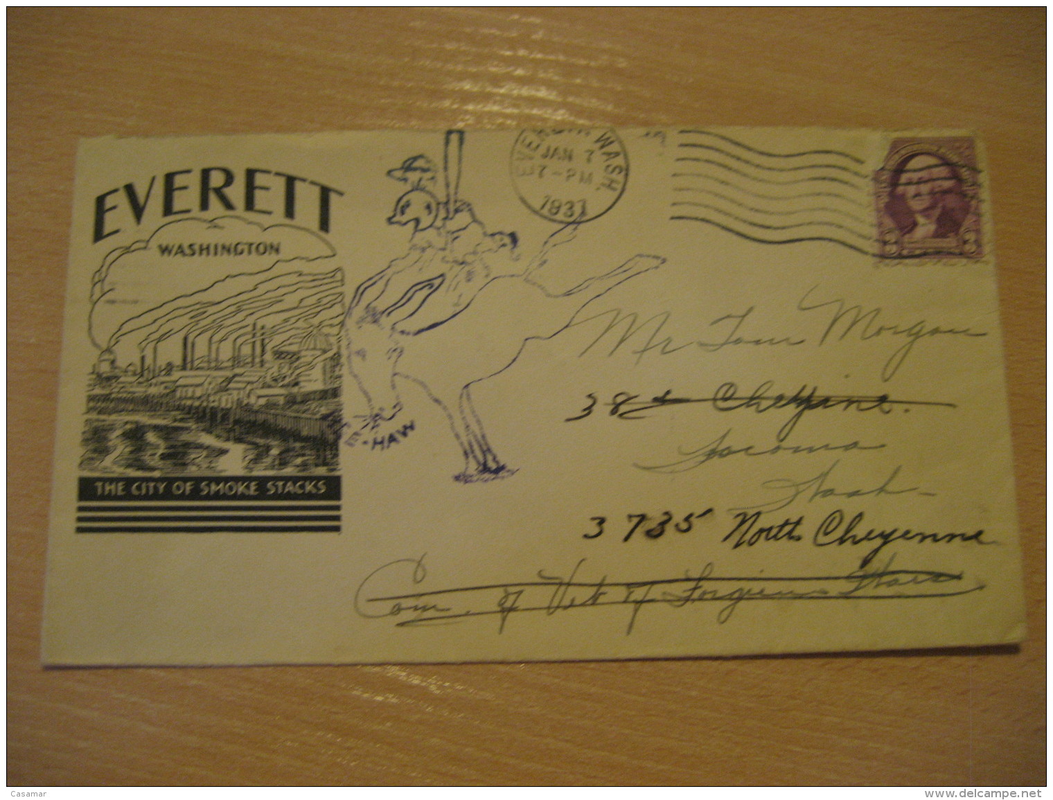 THE CITY OF SMOKE STACKS Everett 1937 Cancel Cover USA Donkey Donkeys Horse - Anes