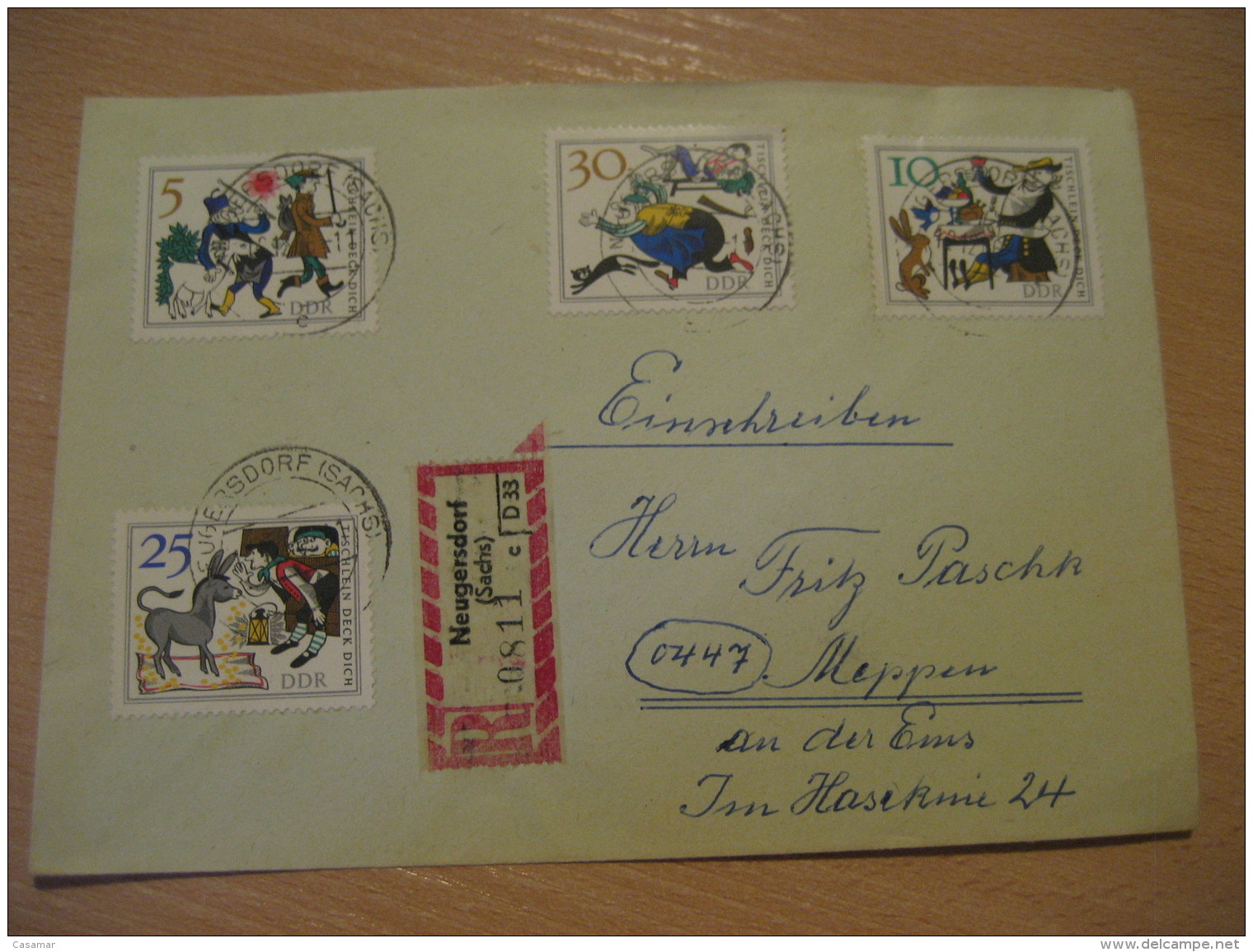 Tischlein Deck Dich NEUGERSDORF 1966 Stamp On Registered Cover DDR GERMANY Donkey Donkeys Horse - Burros Y Asnos