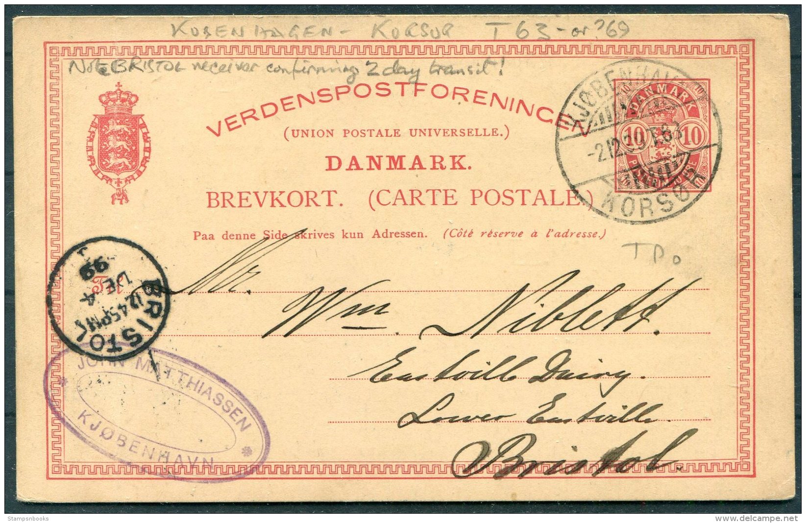 1899 Denmark Stationey Postcard Copenhagen Korsor TPO Railway - Bristol - Covers & Documents