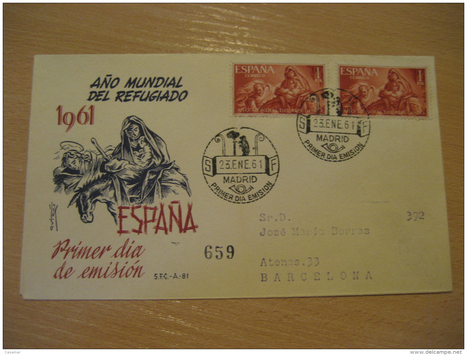 A&ntilde;o Mundial Del Refugiado MADRID 1961 FDC Cancel Cover SPAIN Donkey Donkeys Horse - Anes