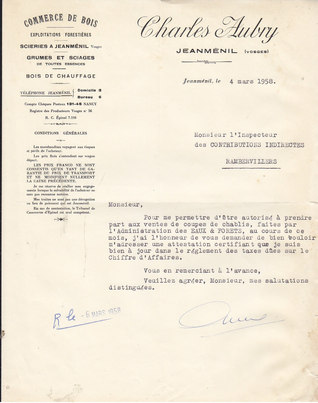 Charles Aubry ,scierie à  Jeanménil , Vosges ,courrier De 1958 - 1950 - ...