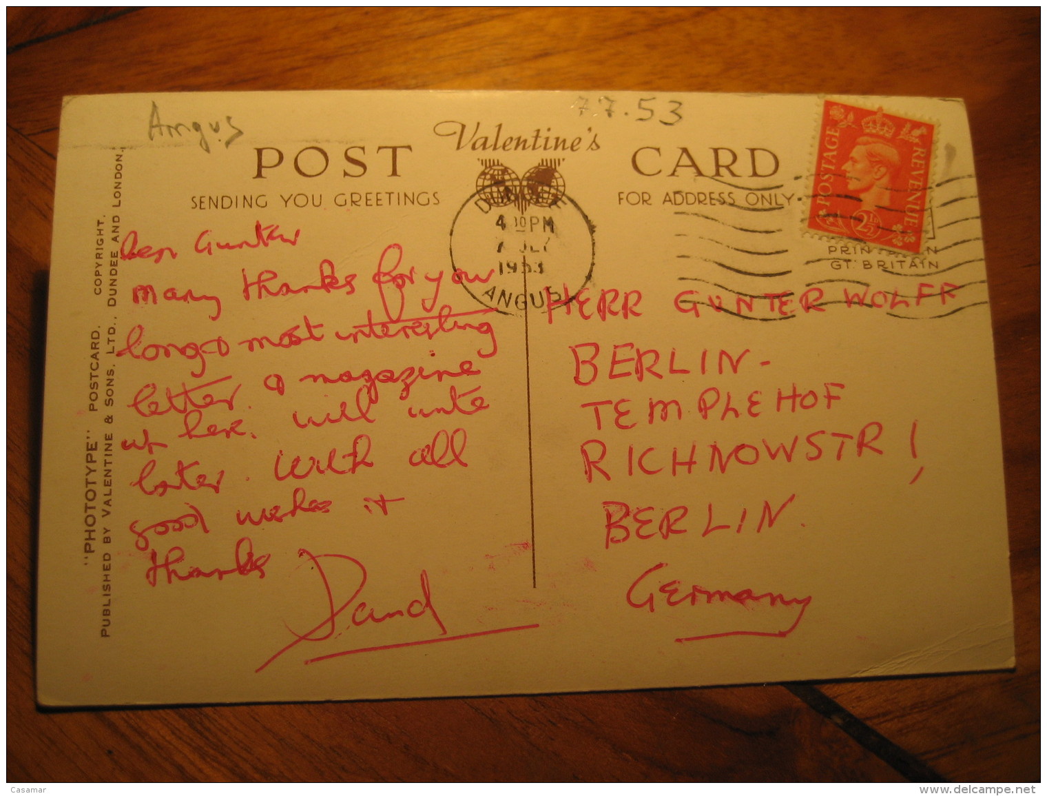 BONNIE DUNDEE 1953 Cancel Post Card Angus Scotland UK GB - Angus