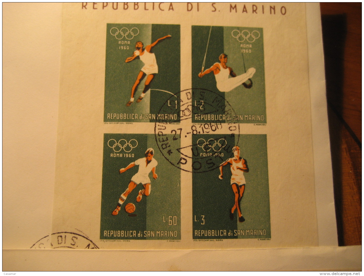 ROMA 1960 Olympic Games Olympics FDC 3 Imperforated Bloc Cancel Cover SAN MARINO Italy - Sommer 1960: Rom