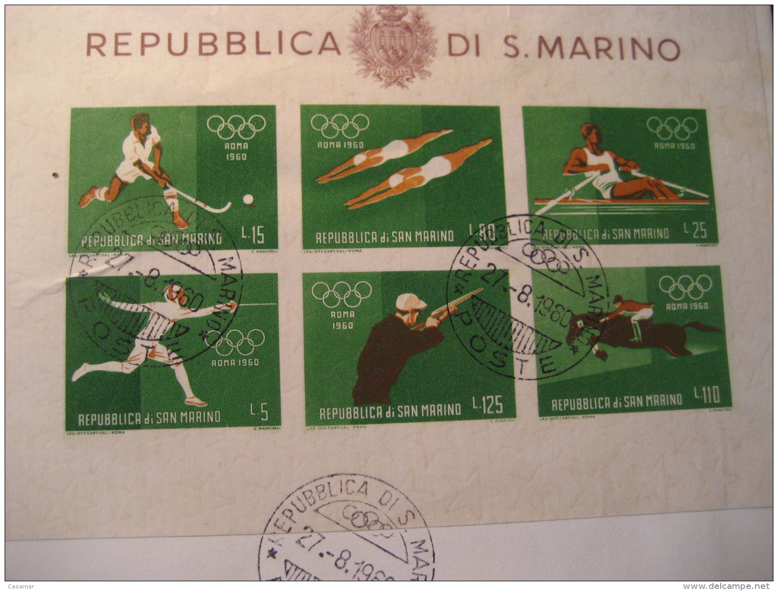 ROMA 1960 Olympic Games Olympics FDC 3 Imperforated Bloc Cancel Cover SAN MARINO Italy - Sommer 1960: Rom