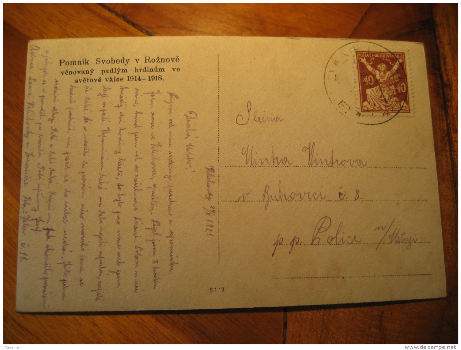 Pomnik Svobody V Roznove Velichovky 1921 To Police ? Post Card CZECHOSLOVAKIA - Czech Republic