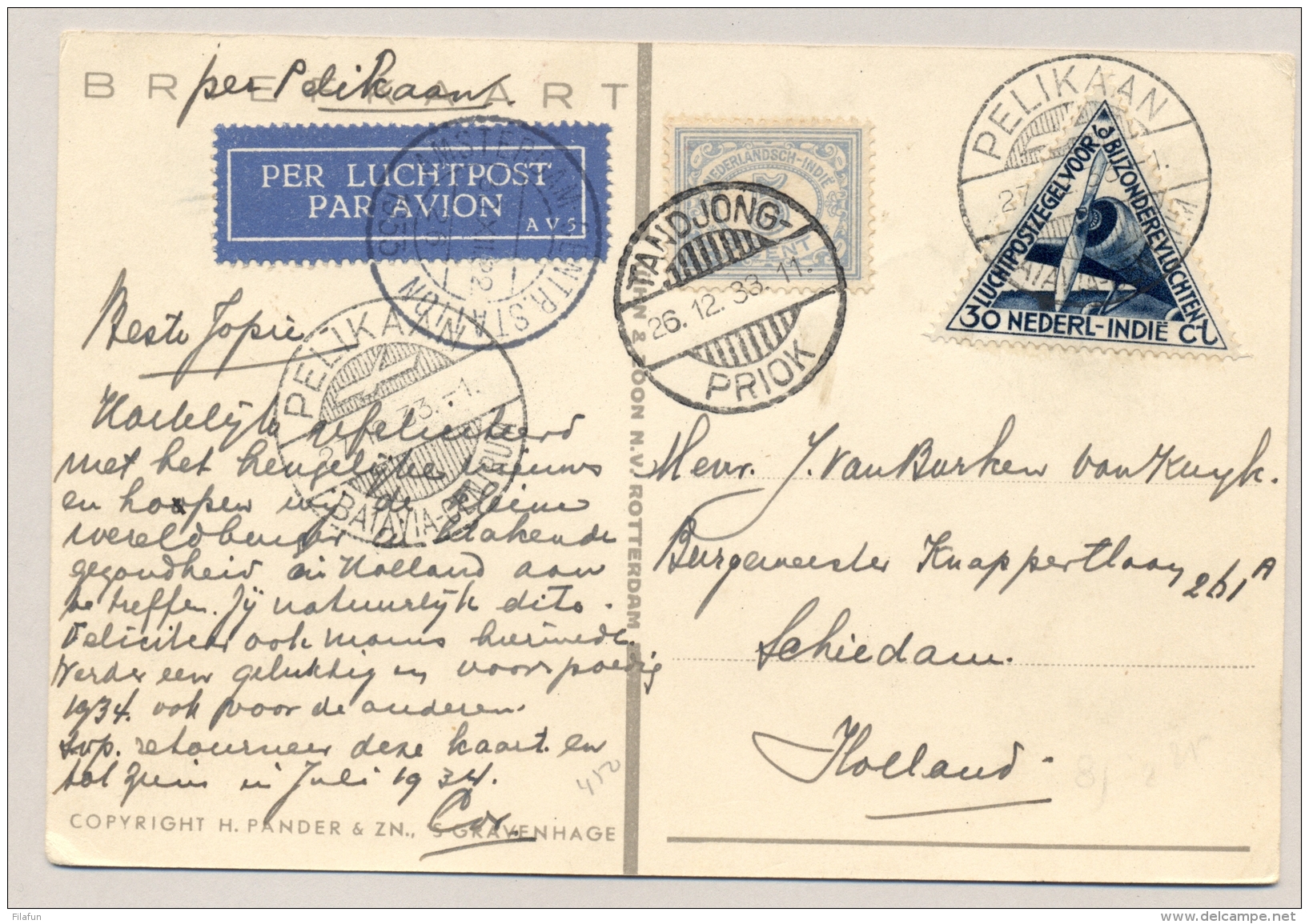 Nederlands Indië - 1933 - Pander Postjager Kaart Gebruikt Voor Pelikaanvlucht Van Batavia Naar Schiedam / Nederland - Nederlands-Indië