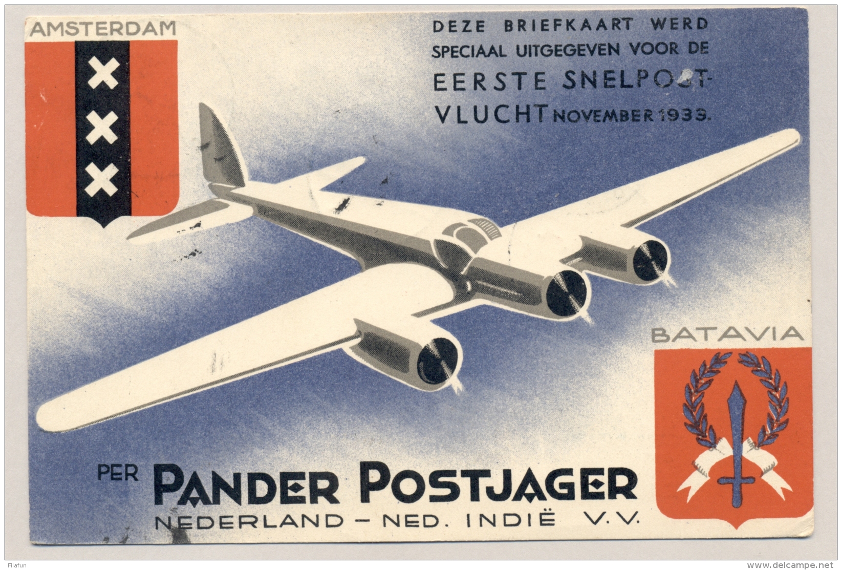 Nederlands Indië - 1933 - Pander Postjager Kaart Gebruikt Voor Pelikaanvlucht Van Batavia Naar Schiedam / Nederland - Nederlands-Indië