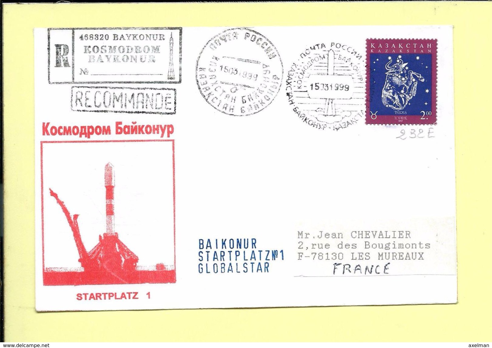 ENVELOPPE: Aerospatiale, Envoi Recommandé De Baikonur ( Russie )  Startplatz N° 1  Globalstar  Le 15 - 03 - 1999 - Europe