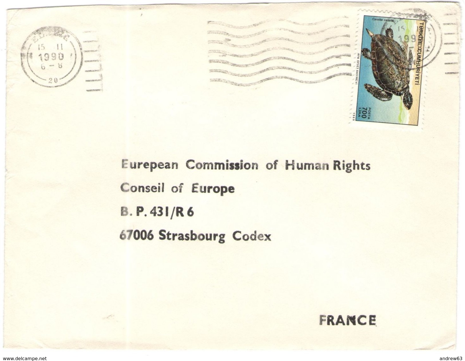 TURCHIA - Turkey - TURKIYE - 1990 - 700 Lira Caretta Caretta, Turtle - Viaggiata Da Elâz&#x131;&#x11F; Per Strasbourg, F - Covers & Documents