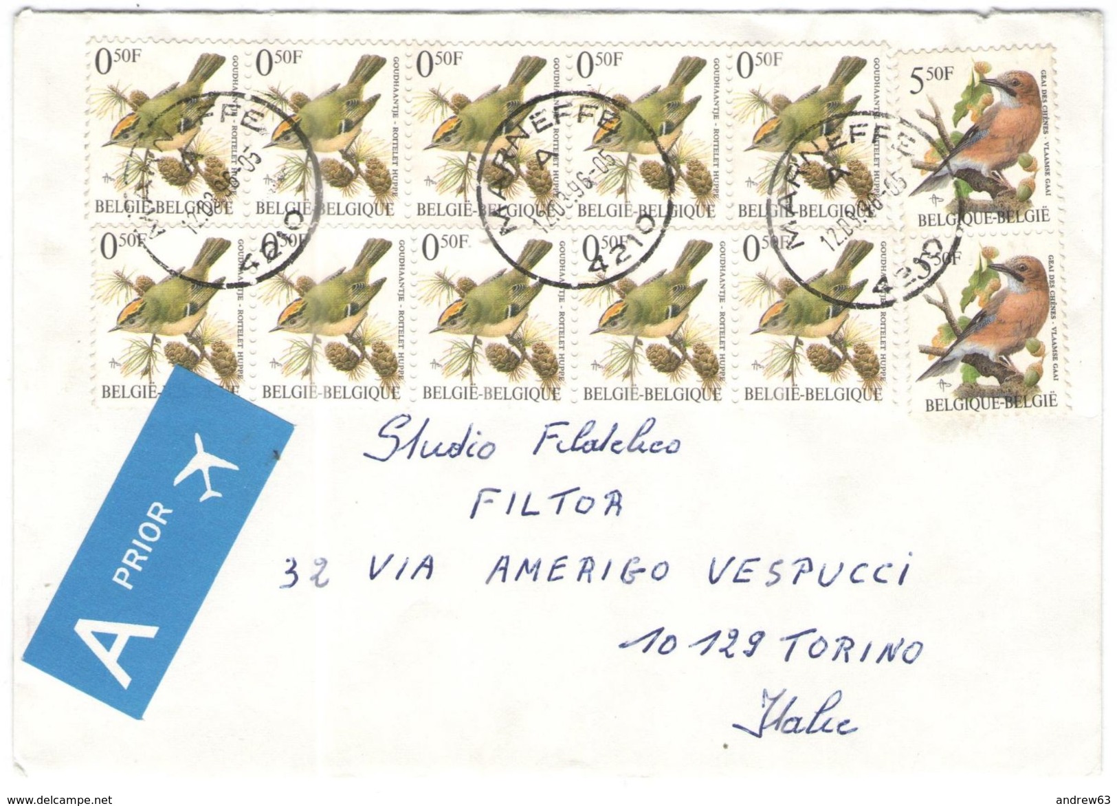 BELGIO - BELGIE - BELGIQUE - 1996 - 10 X 0,50F + 2 X 5,50F - Birds - A Prior - Viaggiata Da Marneffe Per Torino, Italie - 1985-.. Oiseaux (Buzin)