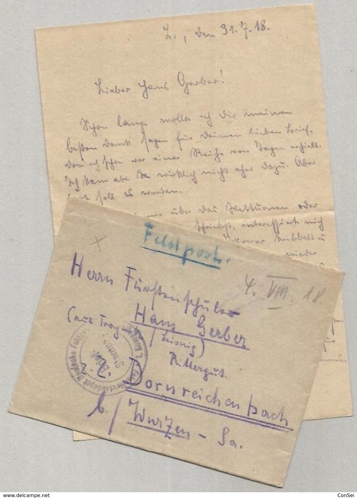 &#9993; Feldpost 1918, Feldrekrutendepot .. Brief-Stemn.. 1. Kompag.., Nach Gerber Wurzen Sa. 0029170920 - Covers & Documents