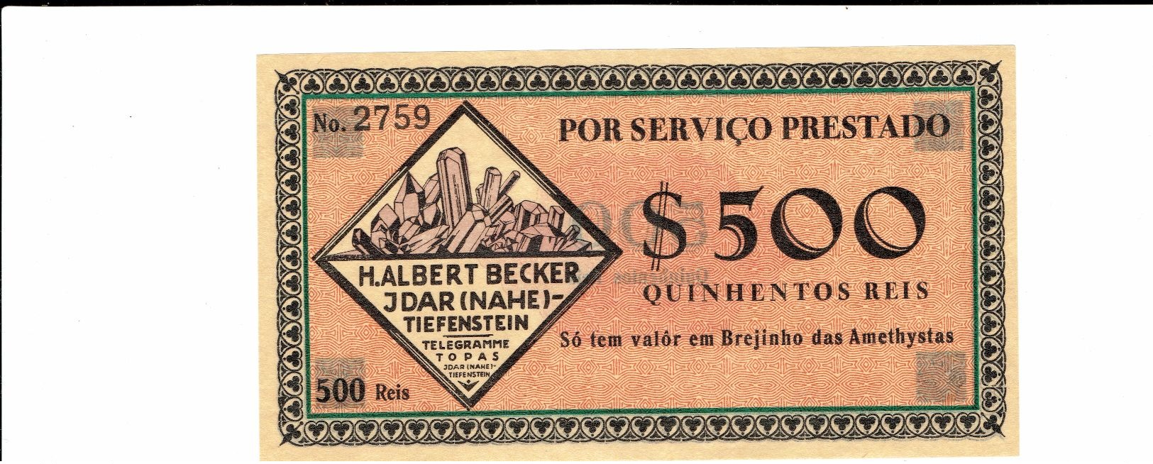 Rare,billet Nécessité Brésil, 500, 1 000 $, 2 000 $, 5 000 $ Et 10 000 $ Réis état Super H.Albert Becker - Brésil