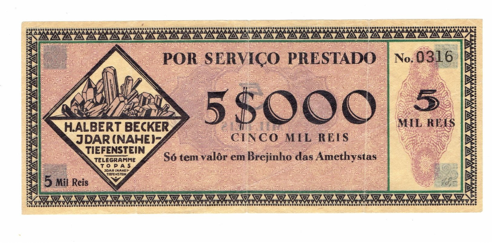 Rare,billet Nécessité Brésil, 500, 1 000 $, 2 000 $, 5 000 $ Et 10 000 $ Réis état Super H.Albert Becker - Brésil