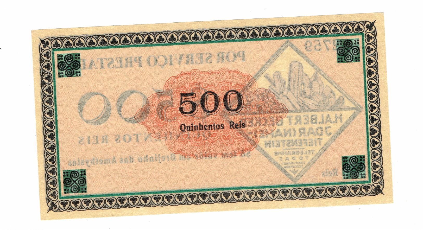 Rare,billet nécessité brésil, 500, 1 000 $, 2 000 $, 5 000 $ et 10 000 $ réis état super H.Albert Becker