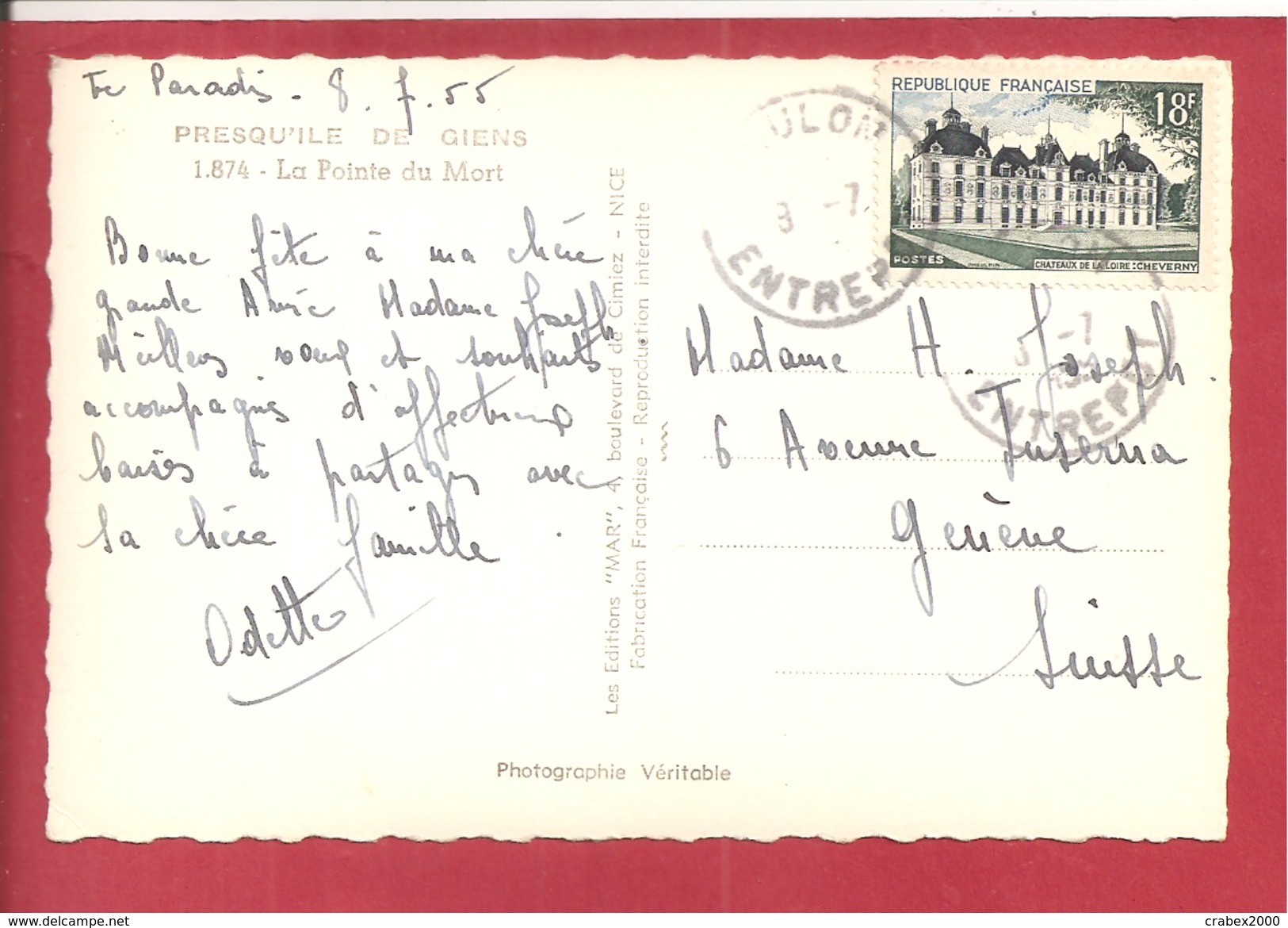 Y&TN°980 TOULON  Vers   SUISSE 1955  2SCANS - Tarifs Postaux