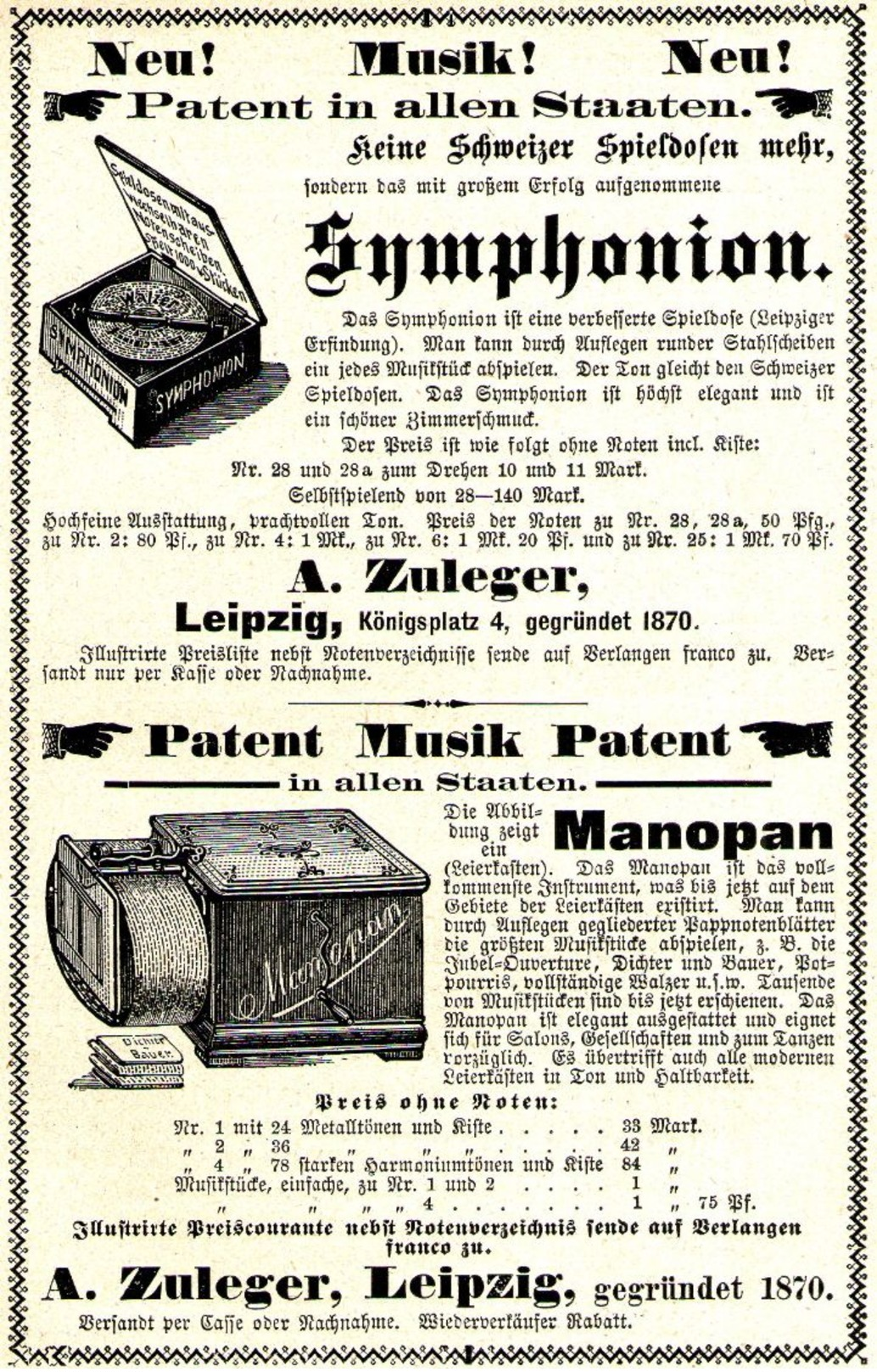 Original-Werbung/ Anzeige 1890 - SYMPHONION / MANOPAN / ZULEGER LEIPZIG  - Ca. 90 X 150 Mm - Werbung