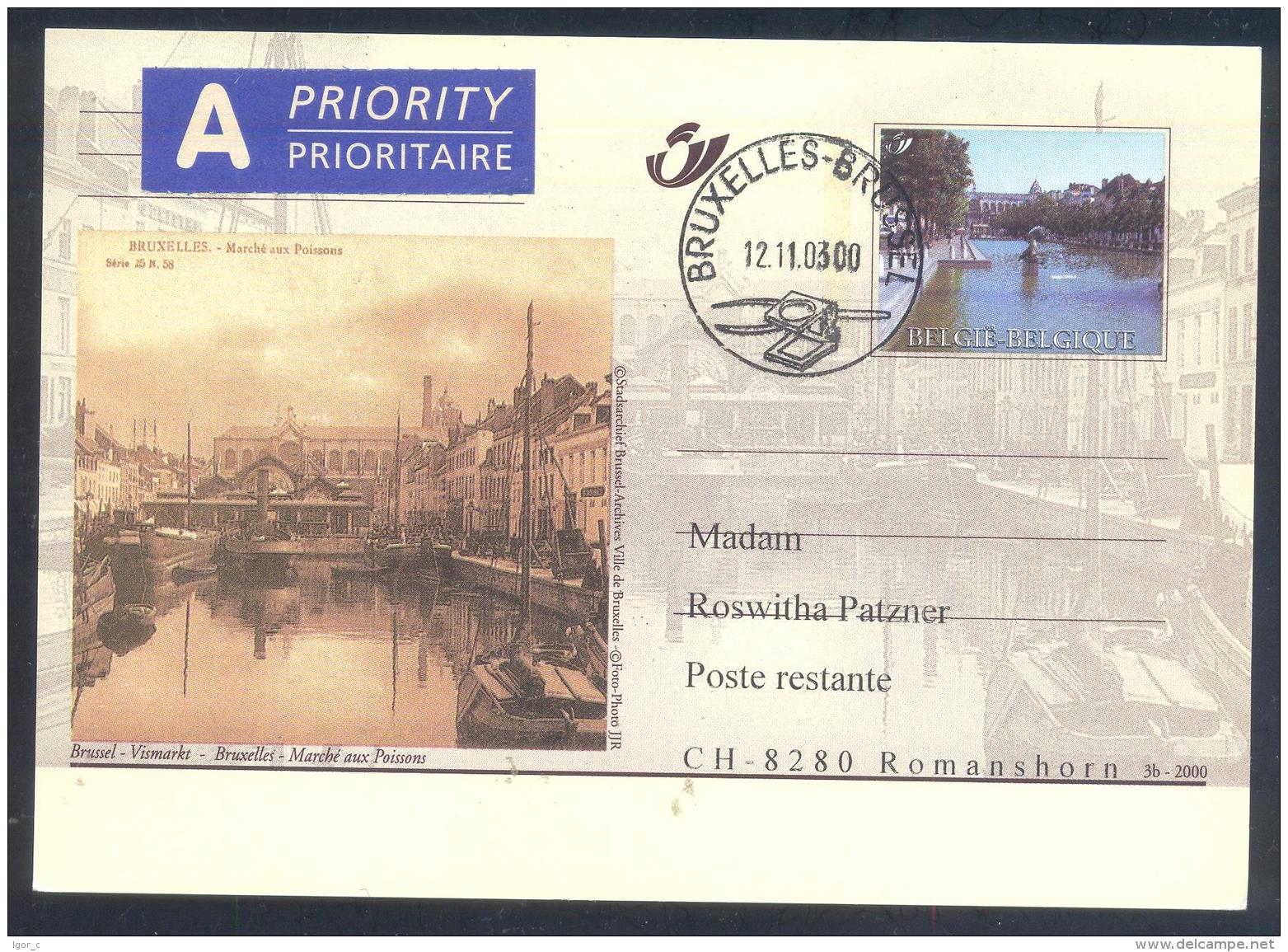 Belgium 2000 Priority Postal Stationery Card: Tourism Architecture Buildings Bruxelles; Vismarkt Marche Aux Poissons Boa - Sonstige & Ohne Zuordnung