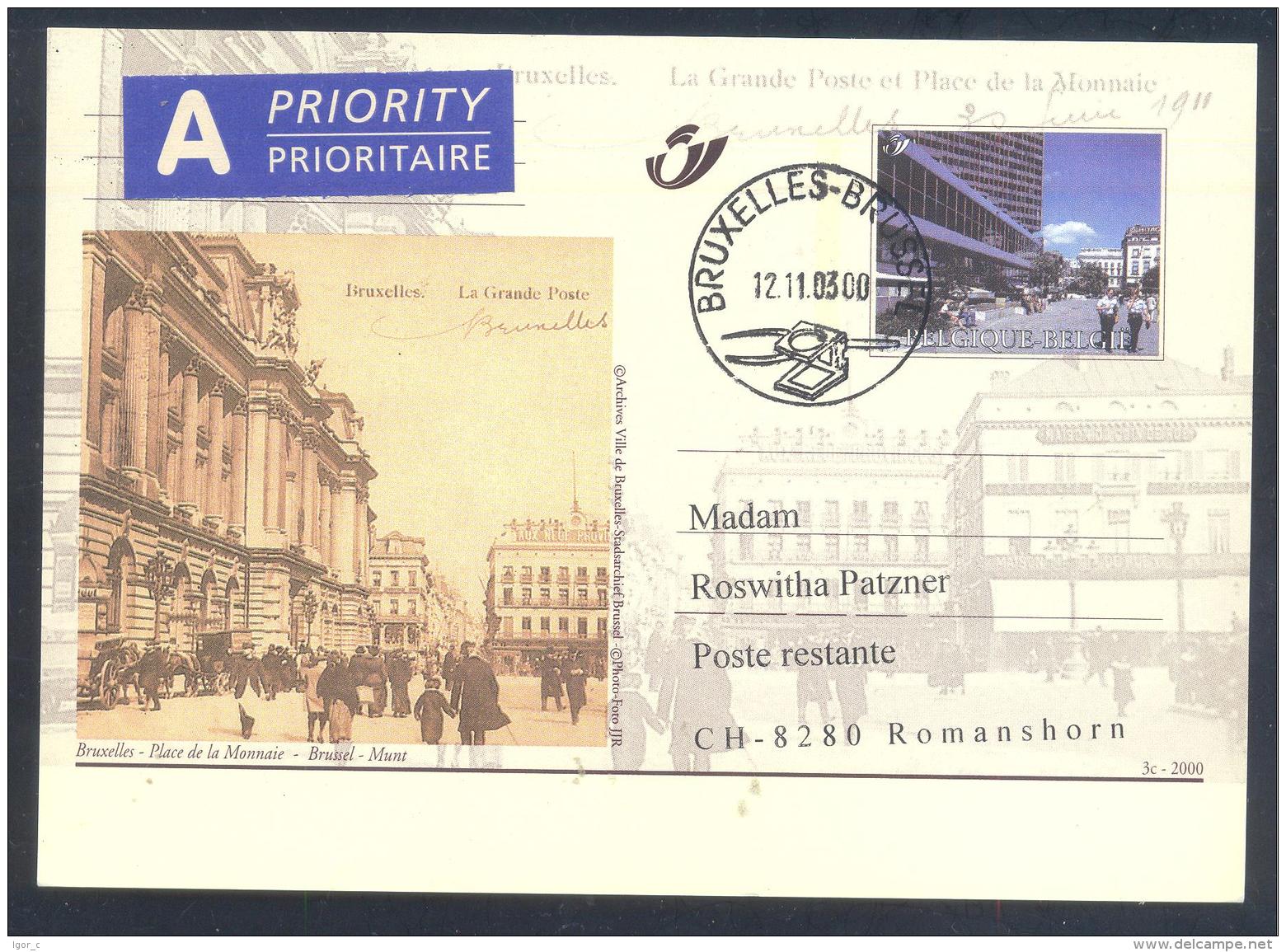 Belgium 2000 Priority Postal Stationery Card: Tourism Architecture Bruxelles; Place De La Monnaie; Munt; Postal Building - Otros & Sin Clasificación