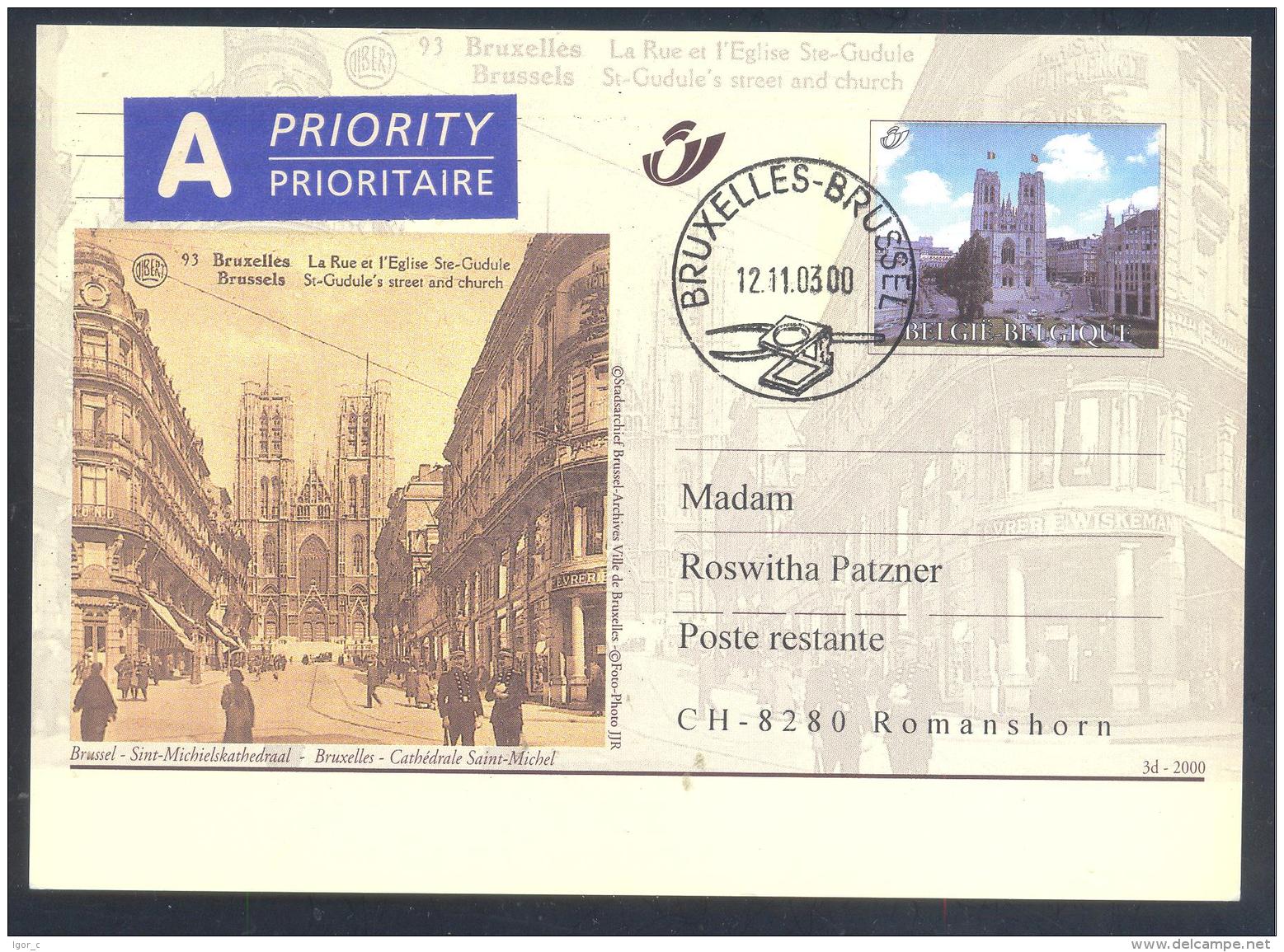 Belgium 2000 Priority Postal Stationery Card: Tourism Architecture Bruxelles; Cathedrale Saint Micher; Church Religion - Sonstige & Ohne Zuordnung