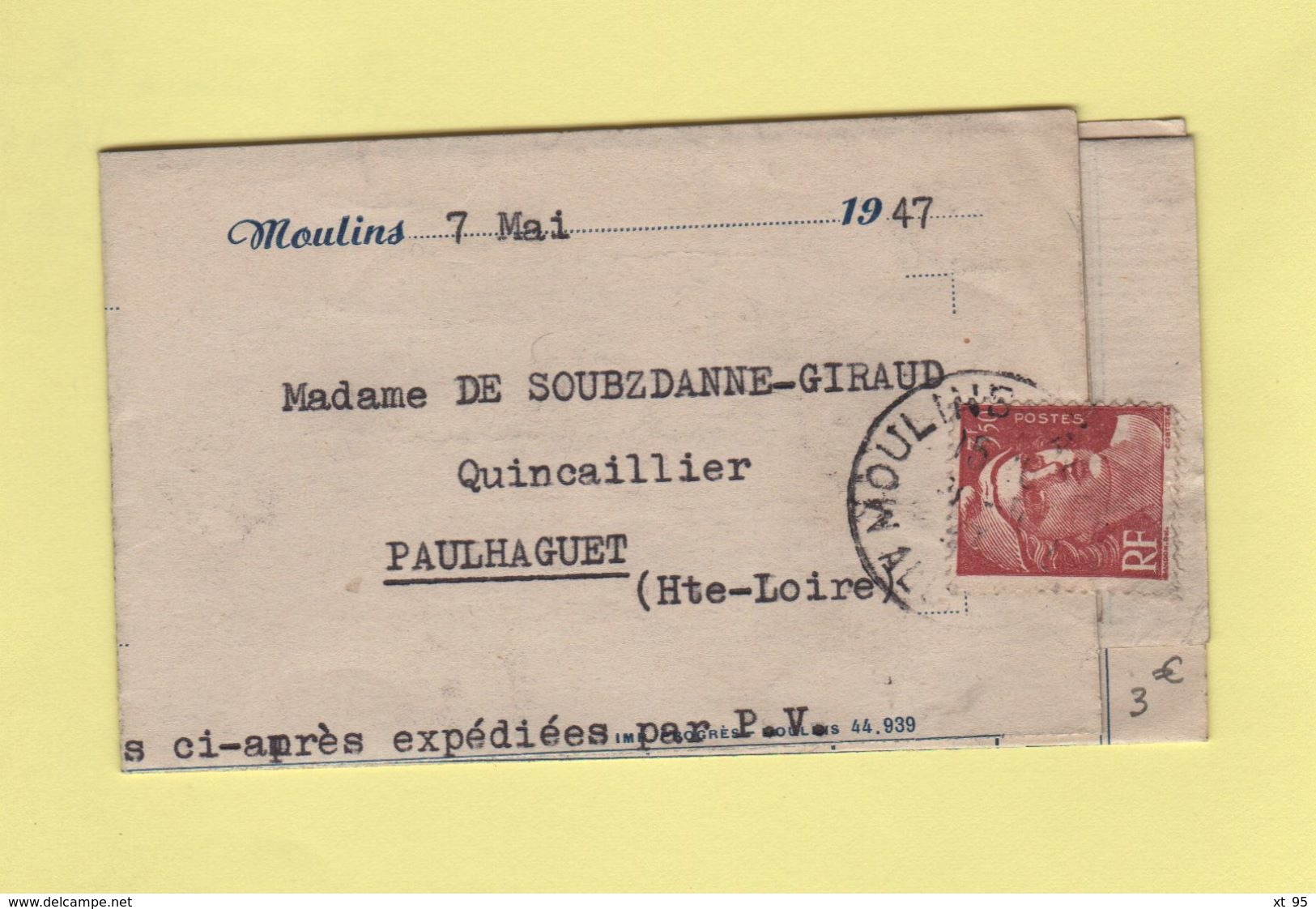 Marianne De Gandon - 3f50 Seul Sur Facture Mettallurgie Moulins Allier - 1947 - 1921-1960: Modern Period