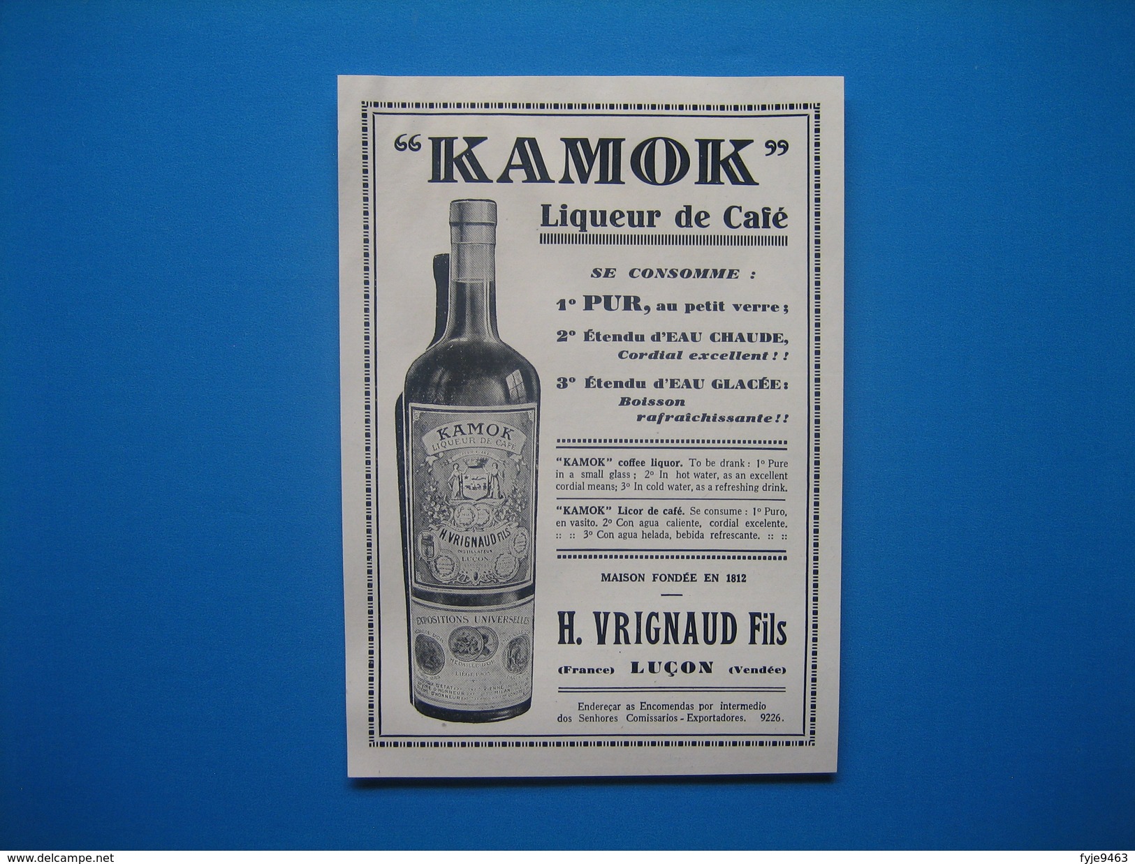 (1929) Liqueur De Café " KAMOK " H. VRIGNAUD Fils à Luçon (Vendée) - Unclassified