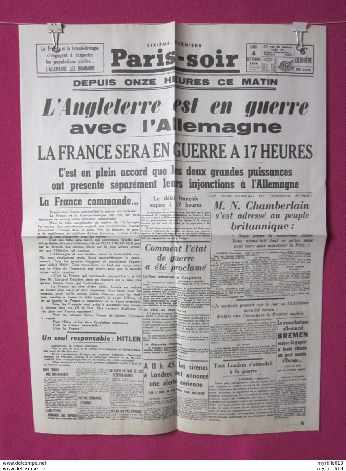 Reproduction à L'identique Du Journal : Paris-Soir Du Lundi 4 Septembre 1939 : Entrée En Guerre - Altri & Non Classificati