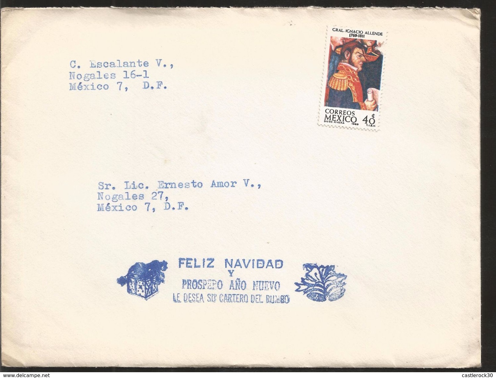 A) 1969 MEXICO, GRAL IGNACIO ALLENDE, CONMEMORATIVE STAMP, GOOD CHRISTMAS WISHES, LETTER INSIDE, CIRCULATED COVER IN MEX - Mexico