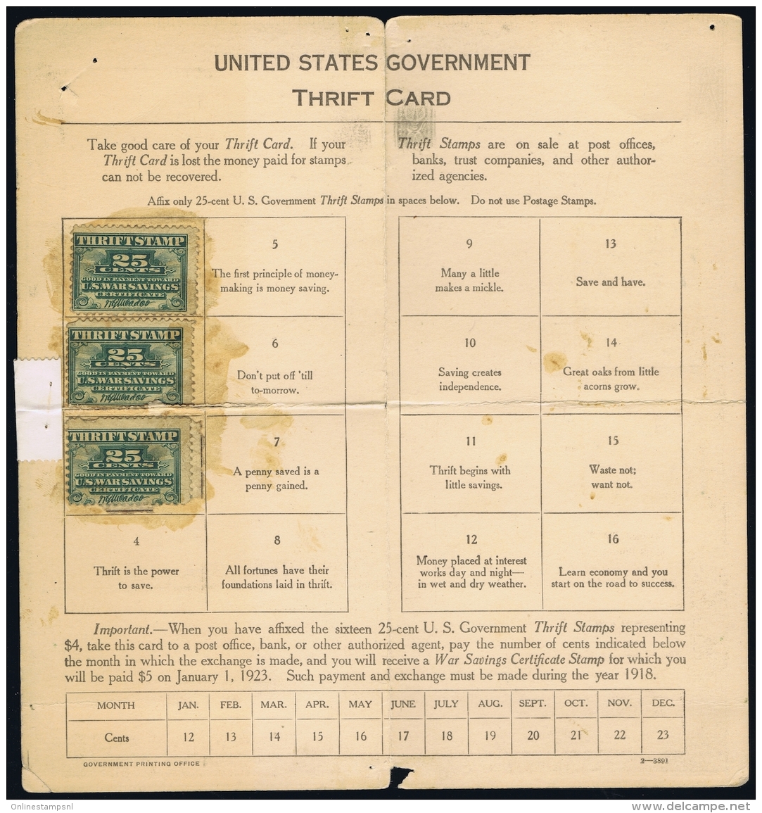 USA 1918 Goverment Thrift Card Davenport Nebraska With Some Stamps Inside 1923 - Otros & Sin Clasificación