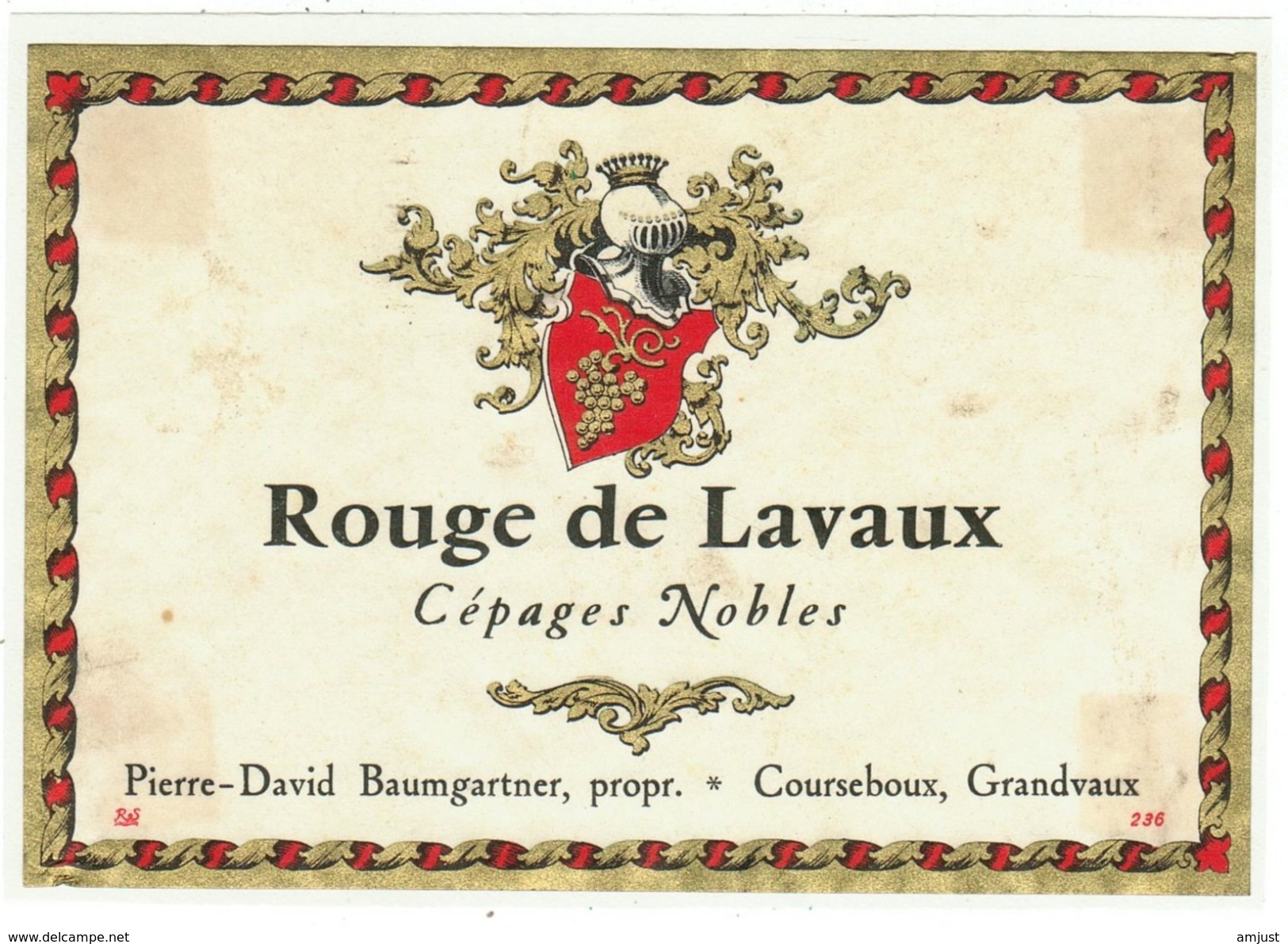 Rare // Etiquette // Rouge De De Lavaux Grandvaux,Courseboux, Pierre-David Baumgartner Vaud // Suisse - Autres & Non Classés