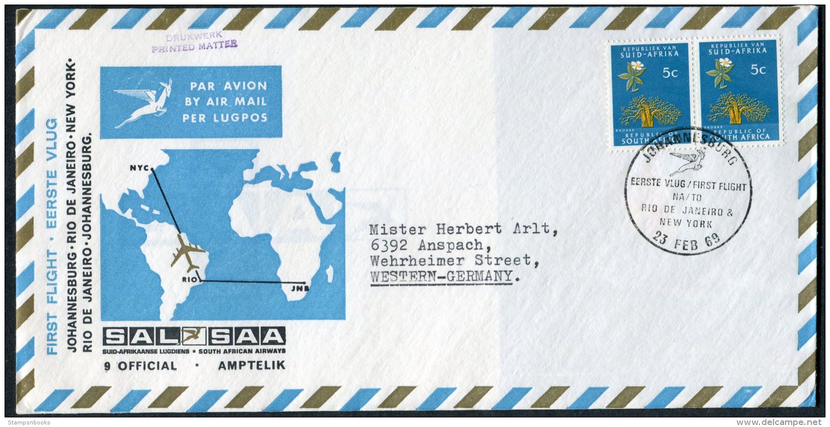 1969 South Africa Johannesburg - Rio De Janeiro - New York, SAL SAA First Flight Cover - Airmail