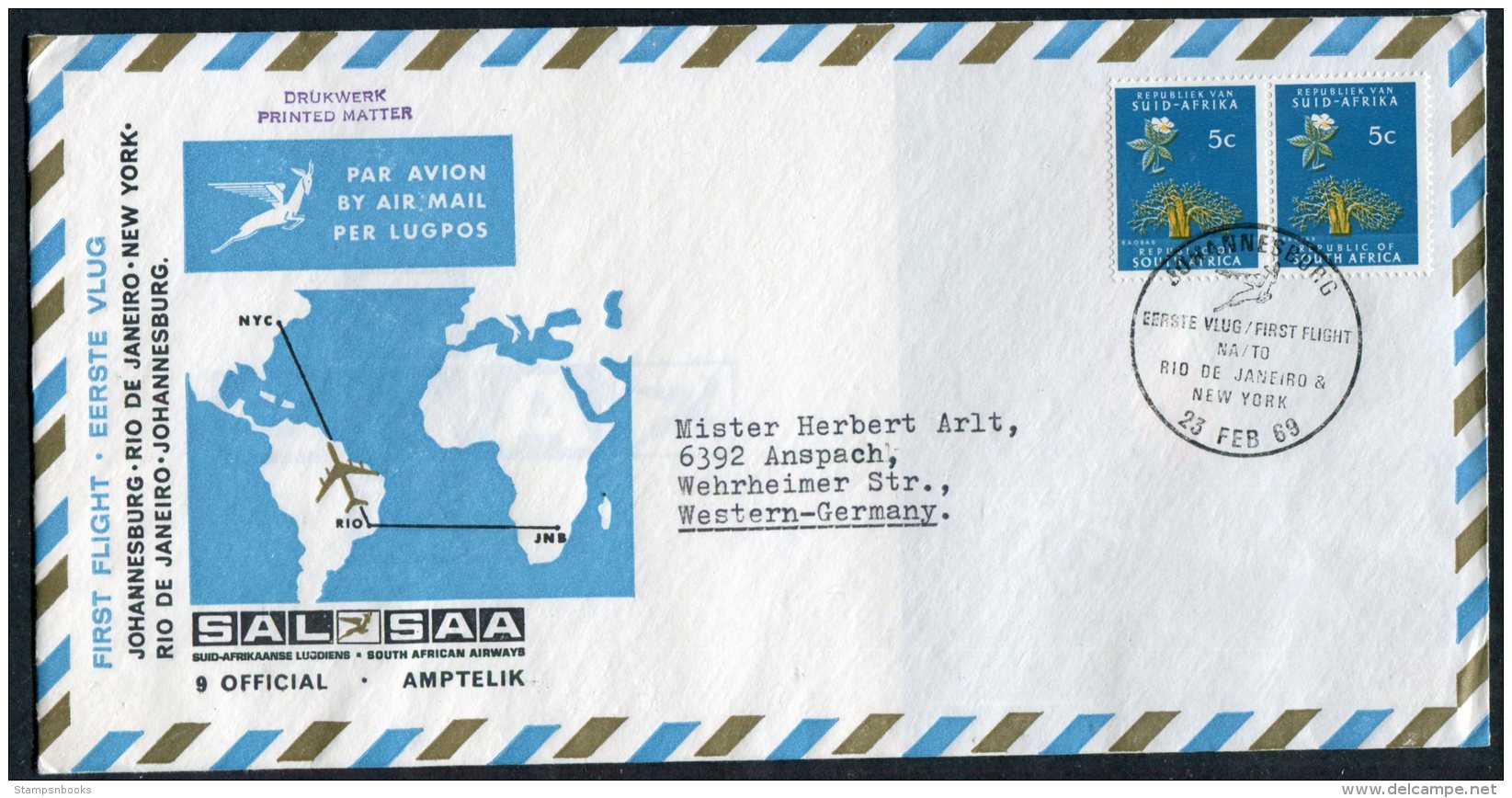 1969 South Africa Johannesburg - Rio De Janeiro - New York, SAL SAA First Flight Cover - Airmail