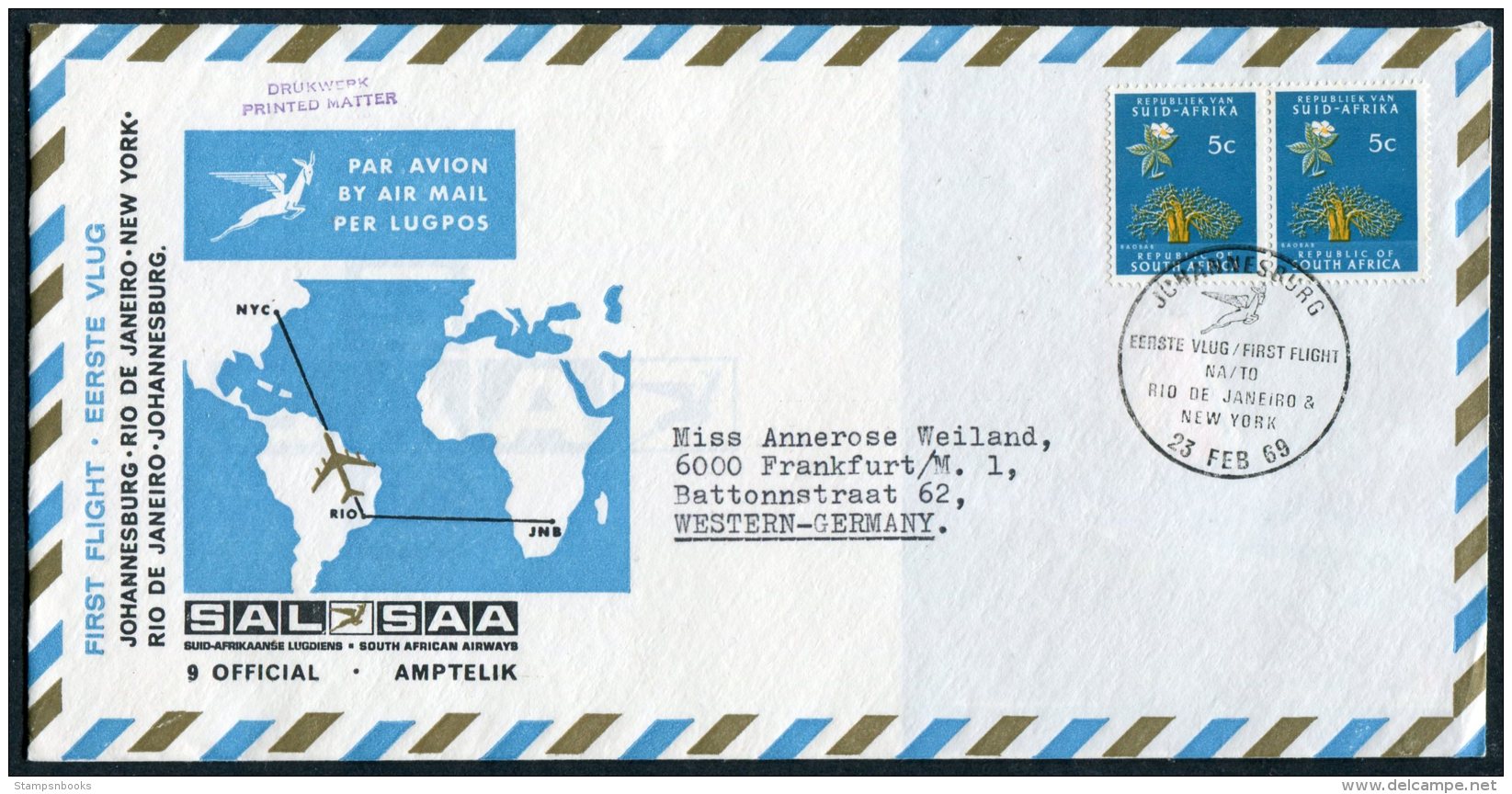 1969 South Africa Johannesburg - Rio De Janeiro - New York, SAL SAA First Flight Cover - Airmail