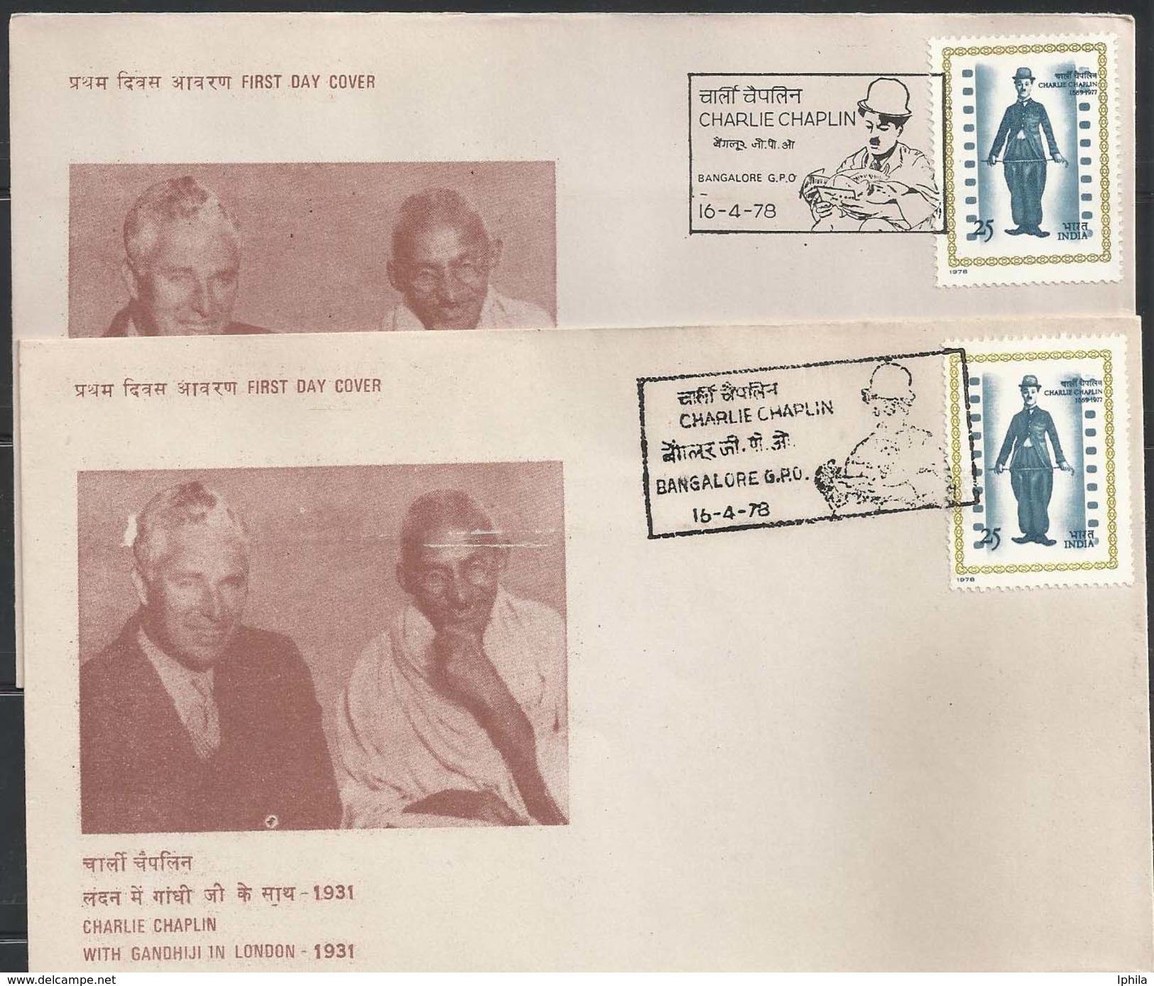 Charlie Chaplin 2 Different Cancels  FDC 1978  Film Movie Bollywood Kino Cinéma Indien Inde Hollywood US Cinema Gandhi - Cinema