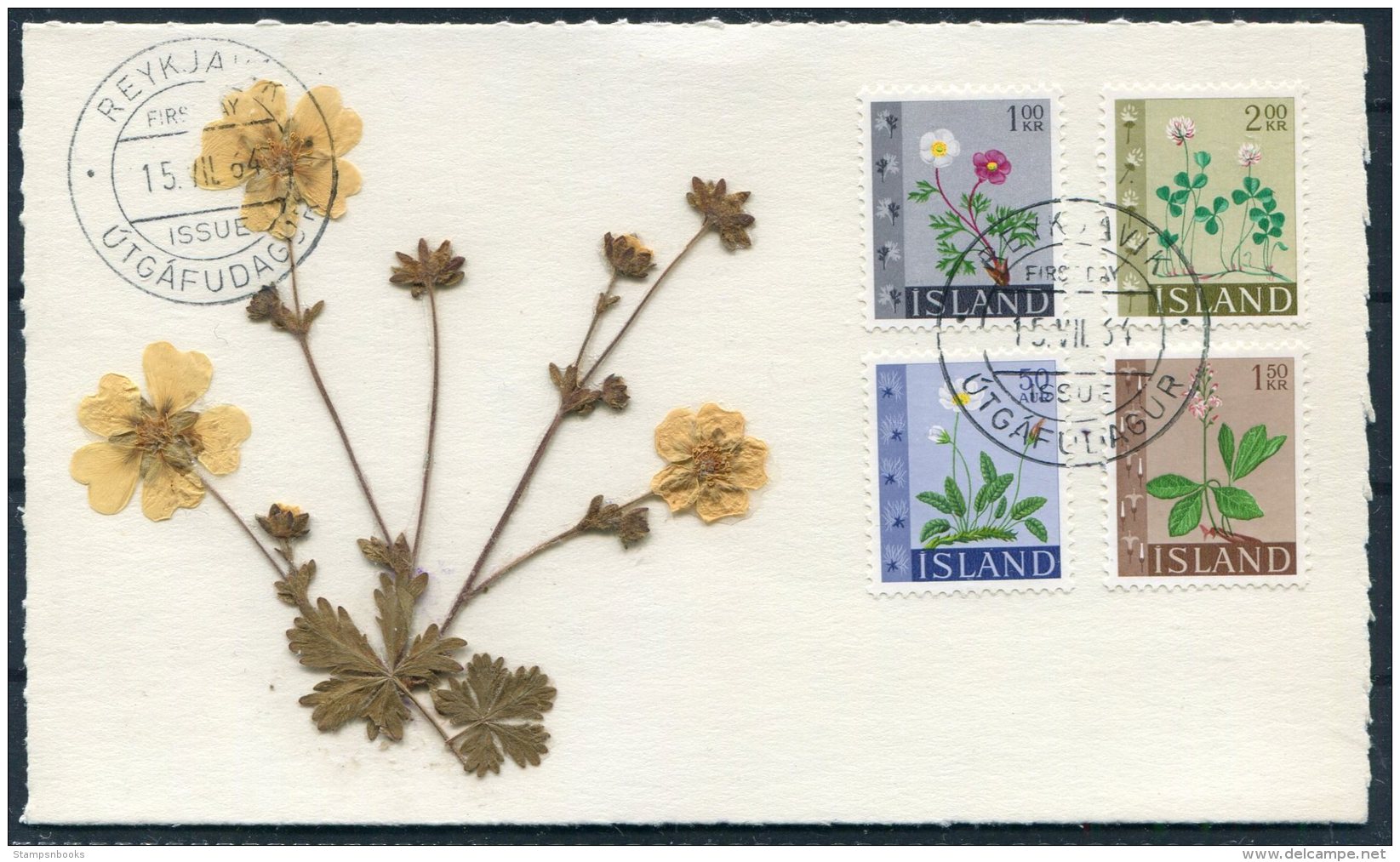 1964 Iceland Flowers Handmade Dried Flowers First Day Postcard - Covers & Documents