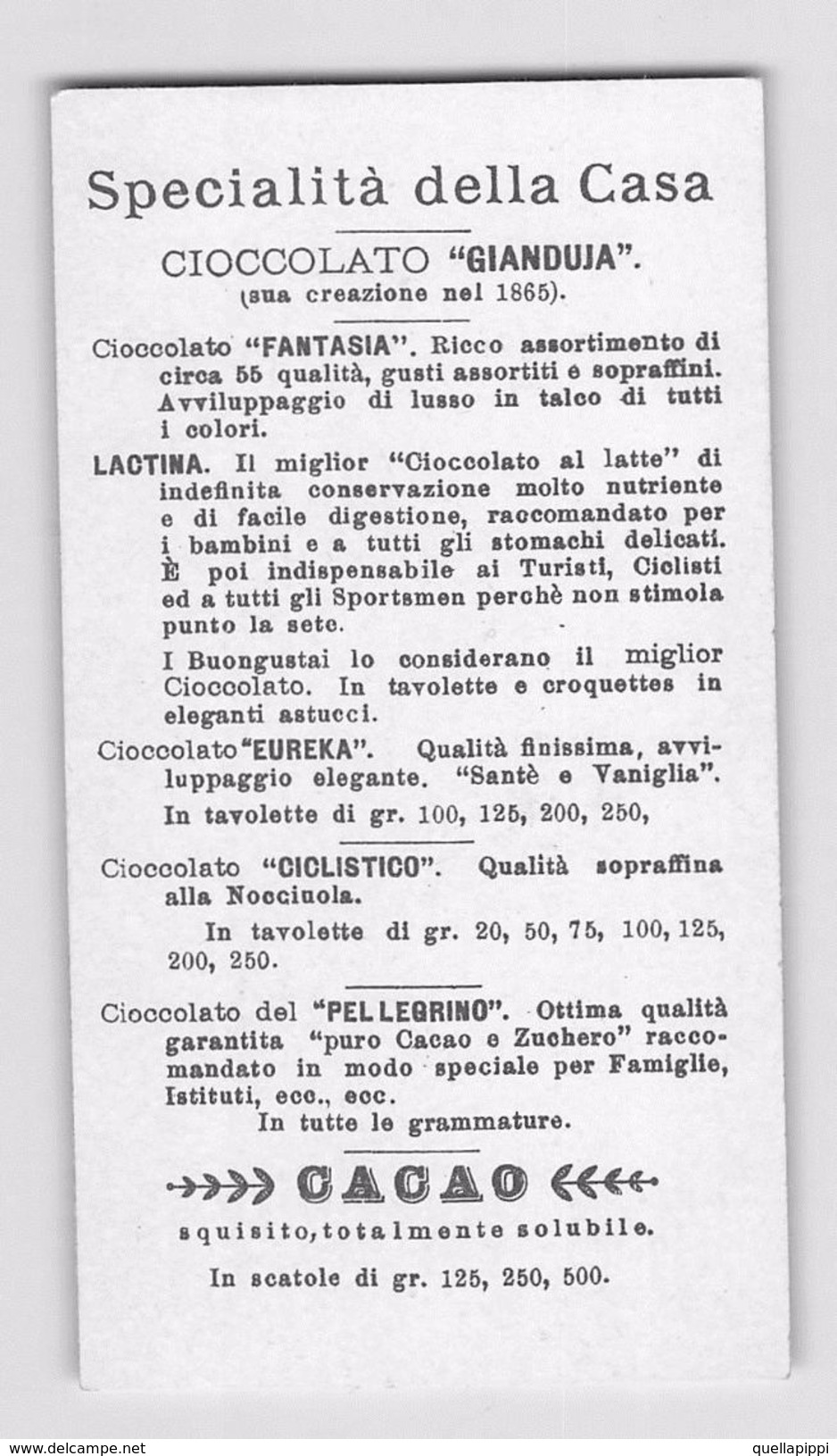 06554 "CHOCOLAT & CACAO - CAFFAREL PROCHET - TURIN'" CARTONCINO PUBBLICITARIO VEDUTA - Pubblicitari