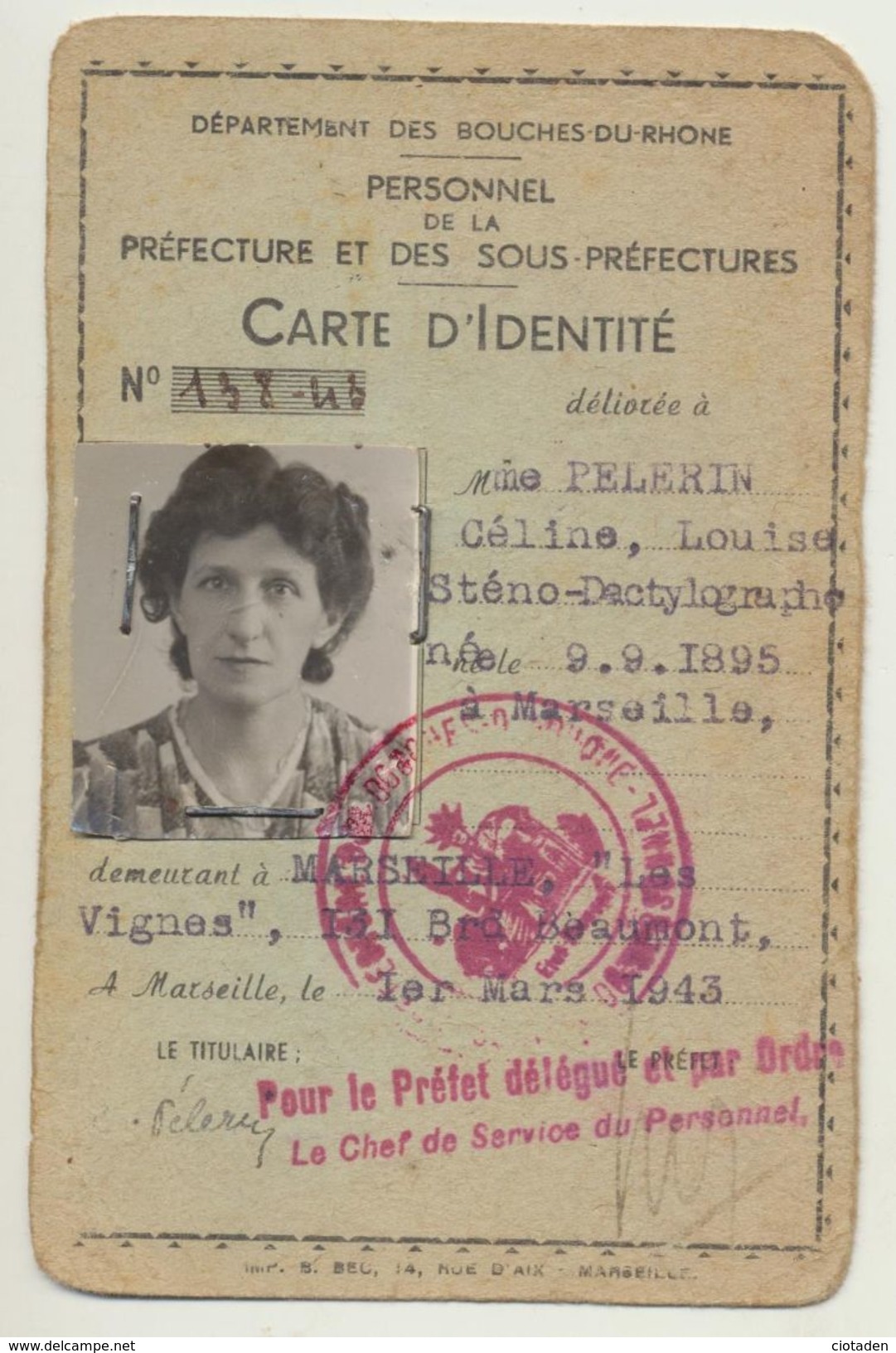 Carte D'Identité De 1943 - Bouches Du Rhône - Personne Née En 1895 - Other & Unclassified