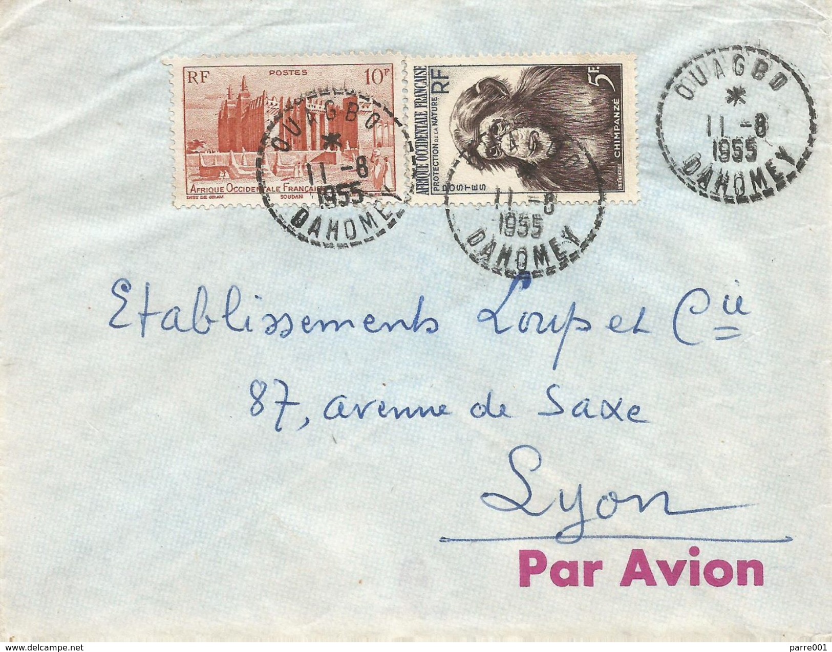 Dahomey Benin 1955 Ouagbo Perlé AOF Stamps Chimpanzee Mosque Cover - Benin – Dahomey (1960-...)