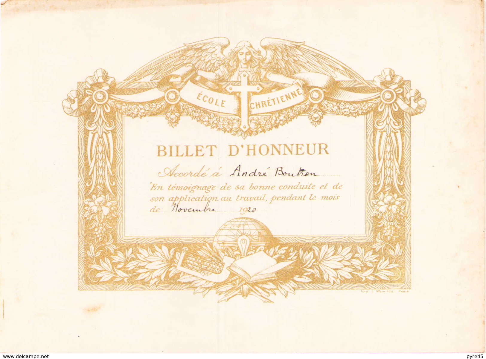 Billet D'honneur école Chrétienne Novembre 1920 - Diploma & School Reports