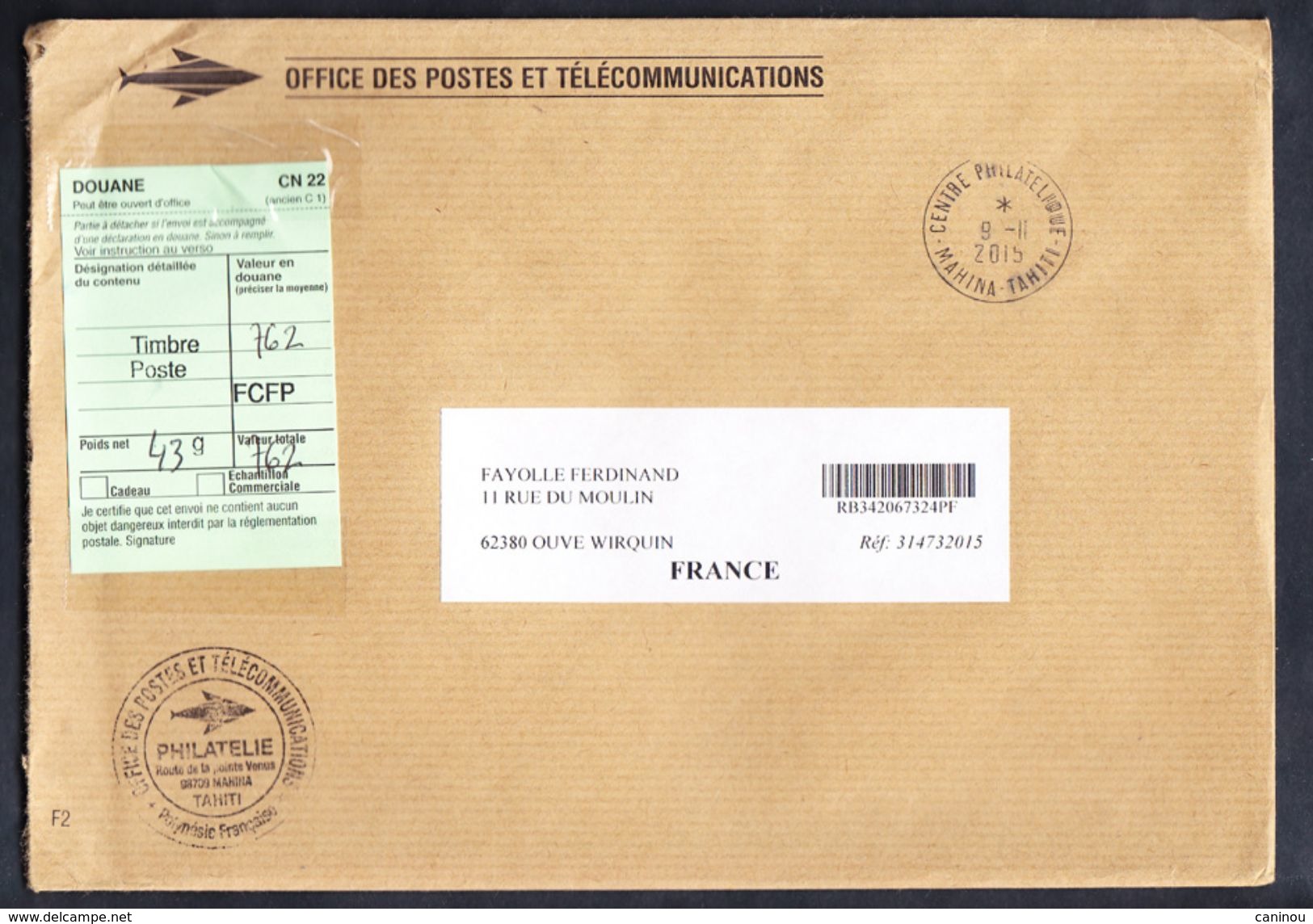 FRANCE TAHITI LETTRE AVEC CERTIFICAT DOUANE 2015 - Covers & Documents