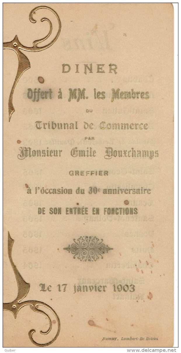 Menu Diner Offert Membres Tribunal De Commerce , Emile Douxchamps Greffier Namur 17/01/1903 - Menus