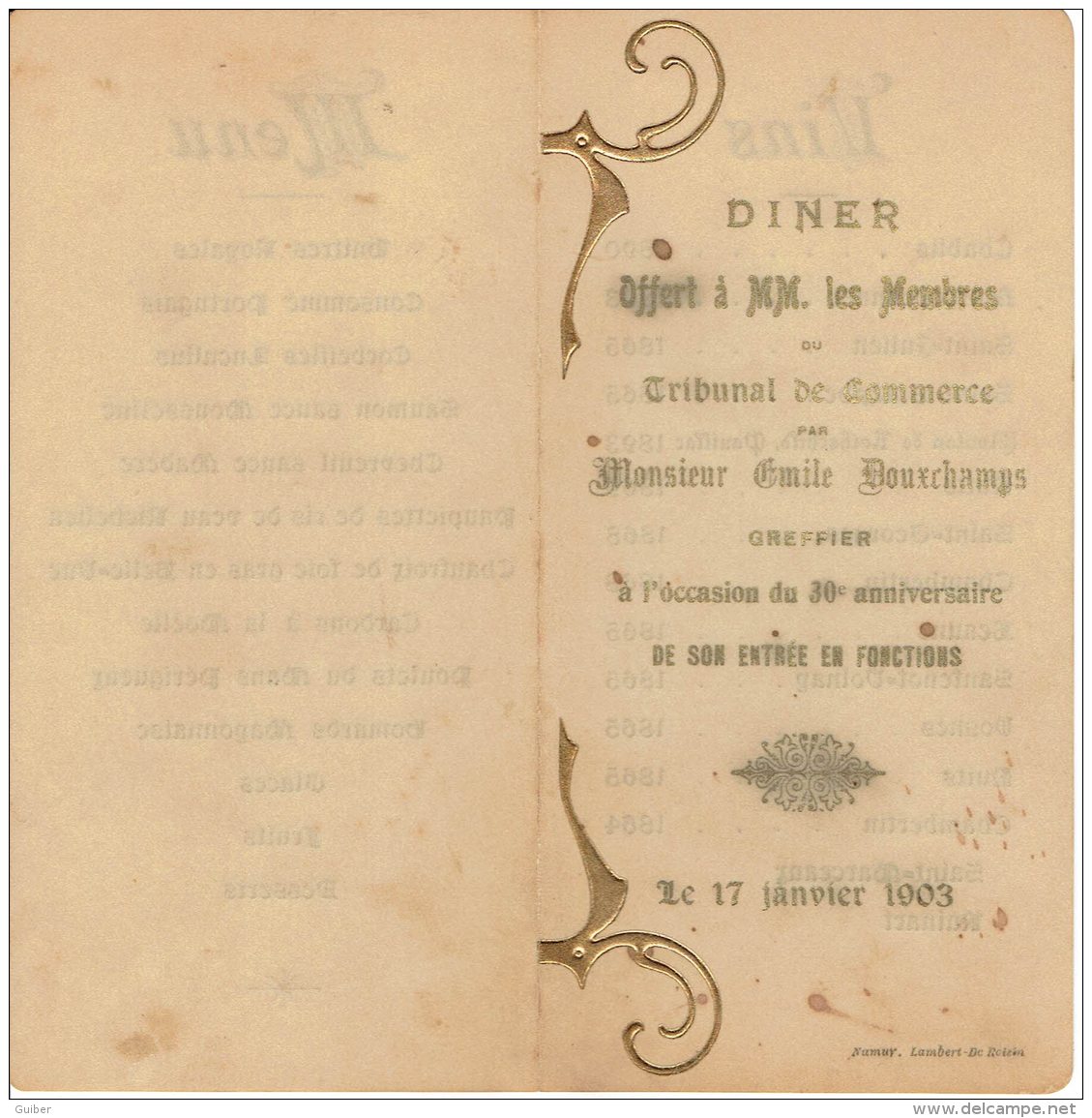 Menu Diner Offert Membres Tribunal De Commerce , Emile Douxchamps Greffier Namur 17/01/1903 - Menükarten