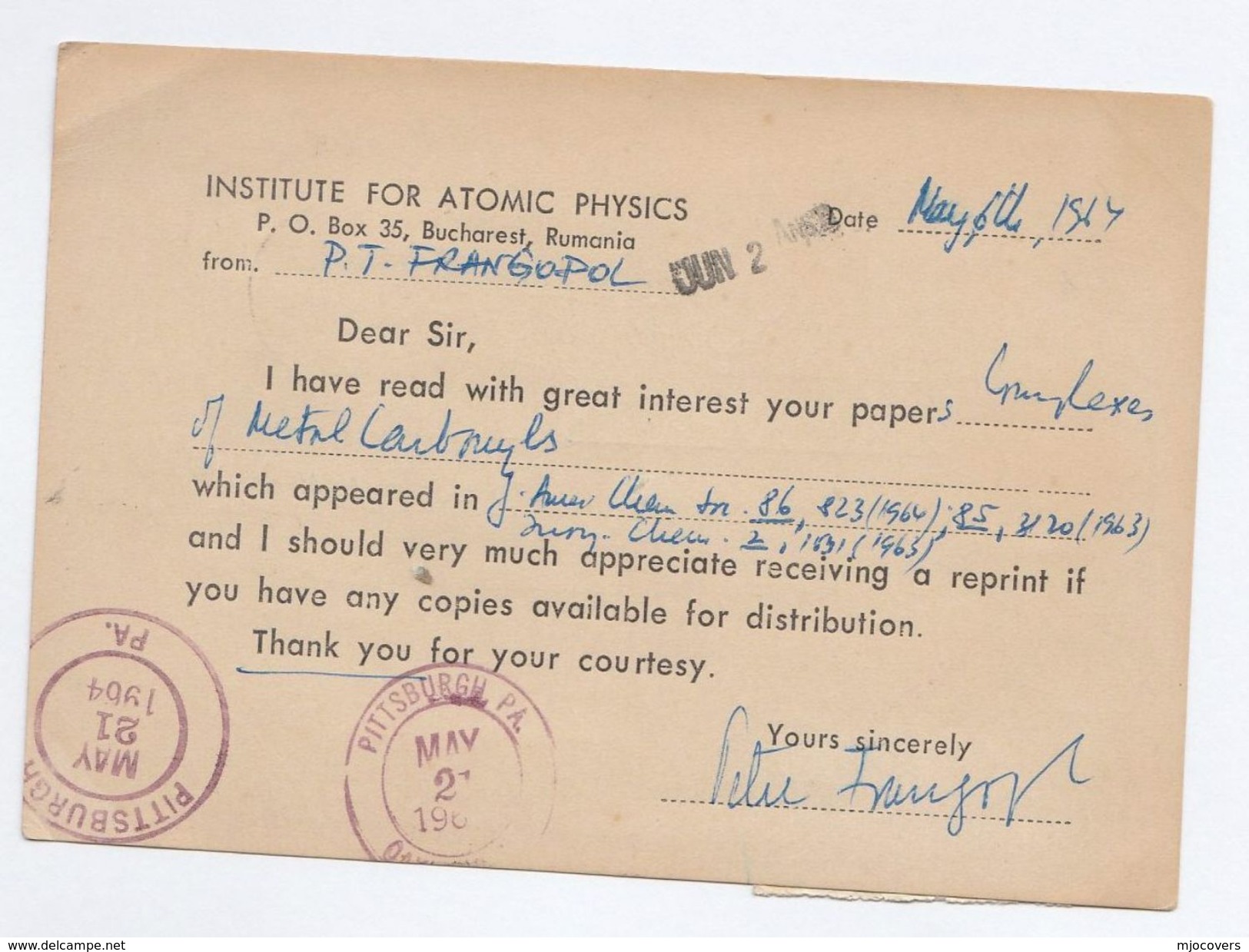 1964 ROMANIA ATOMIC PHYSICS INSTITUTE To Mellon Inst. USA 'REGULATIONS IF CONTENT CLASSIFIED' Nuclear Stamp Cover Card - Atom