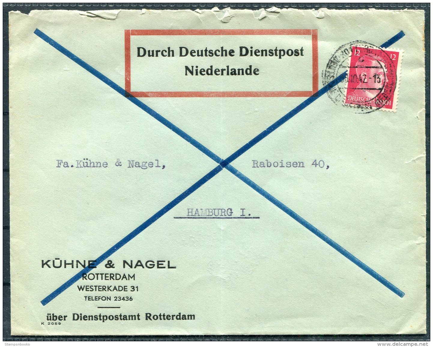 1942 Netherlands Rotterdam, Kuhne &amp; Nagel Cover, 'DURCH DEUTSCHE DIENSTPOST NIEDERLANDE' DDP - Hamburg - Covers & Documents