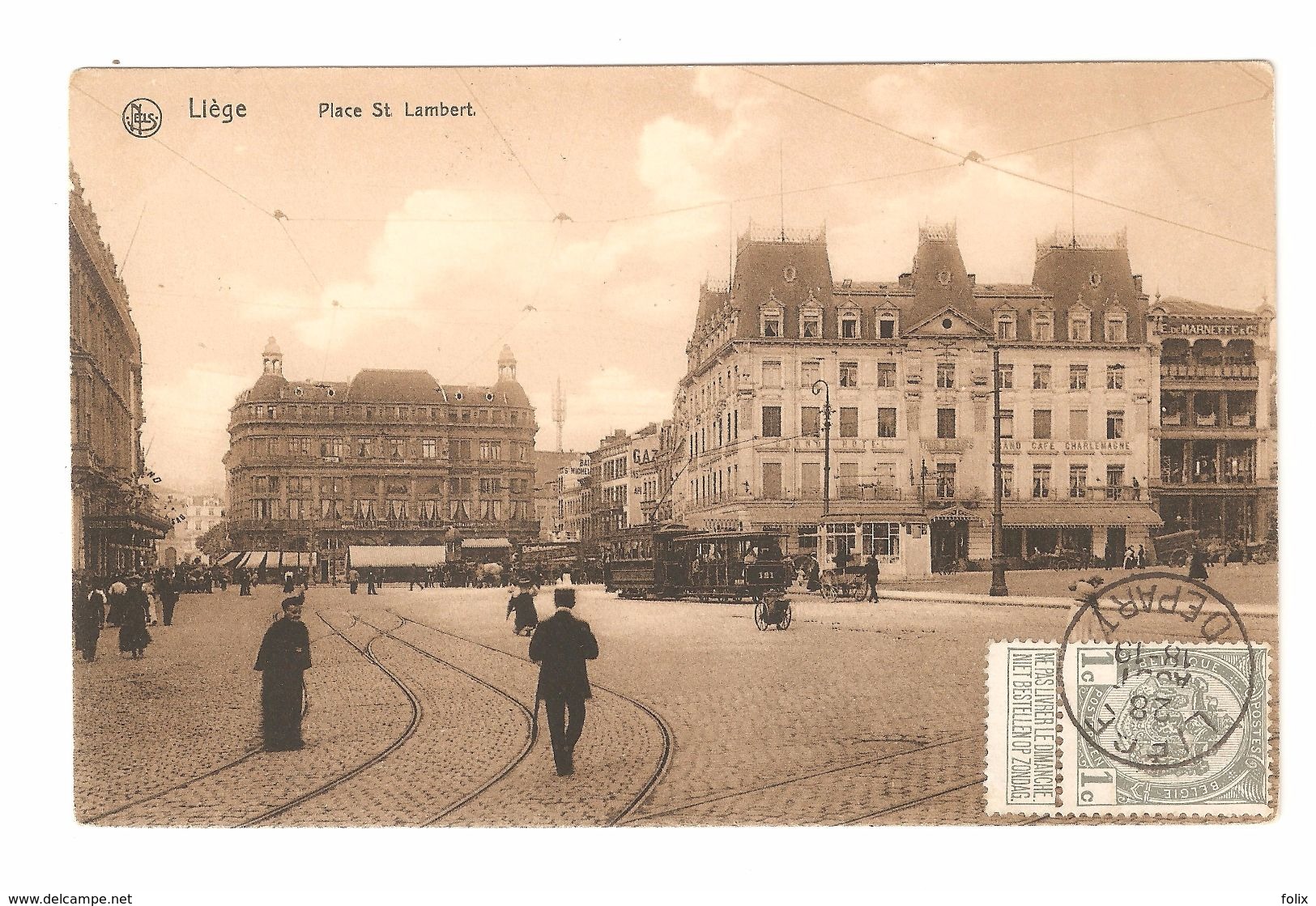 Liège - Place St. Lambert - Tram / Tramway - Animée - 1910 - Sépia - Timbre à La Face - Liege