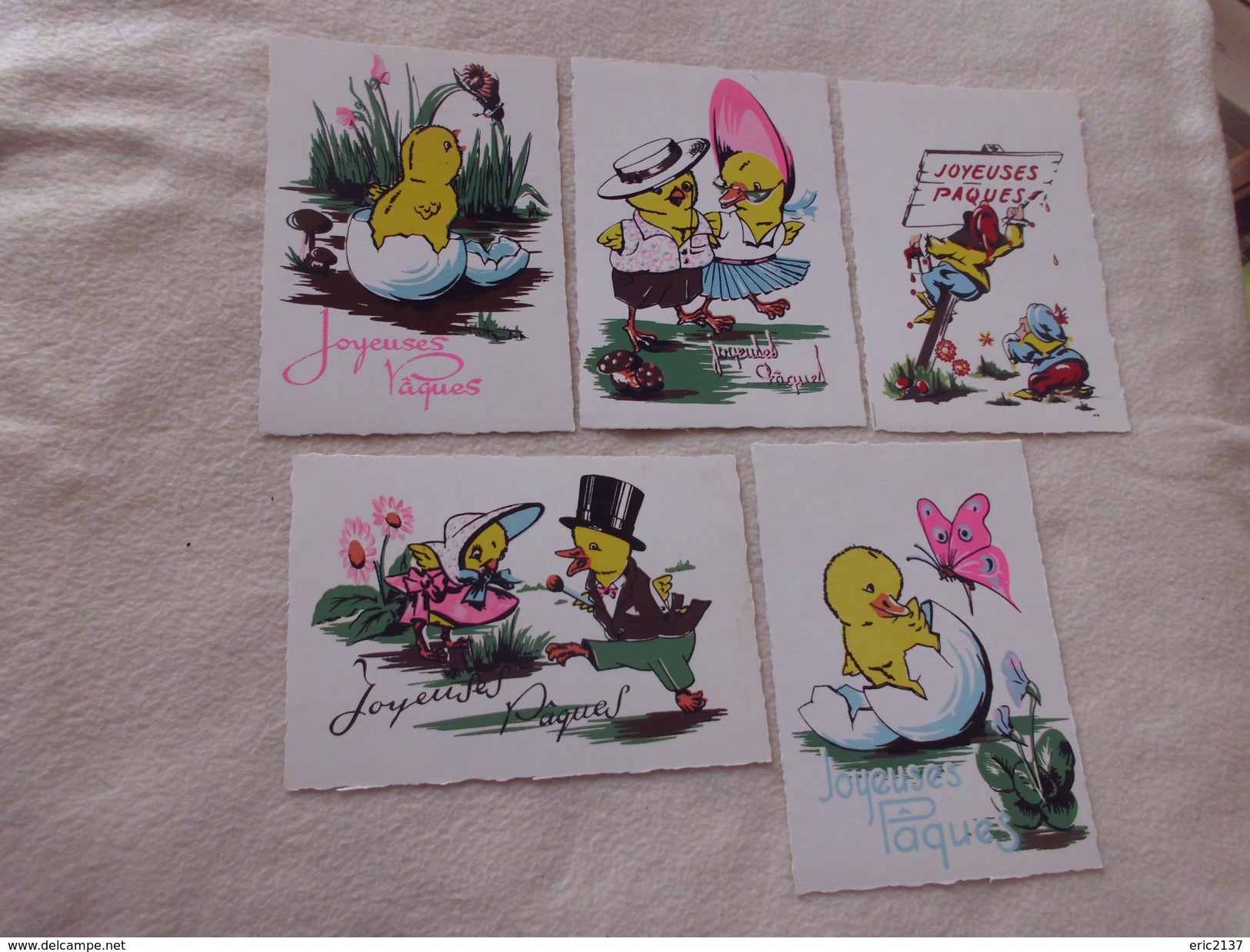 LOT DE 5  CARTES ILLUSTRATIONS JOYEUSES PAQUES - Pascua