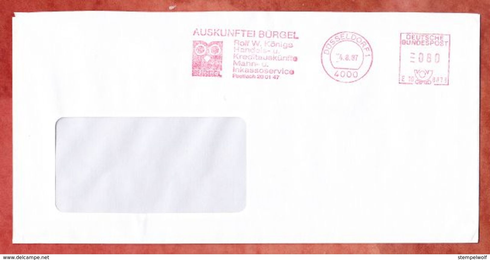 Brief, Pitney Bowes E10-8878, Stilisierte Eule, Auskunftei Buergel, 80 Pfg, Duesseldorf 1987 (41544) - Franking Machines (EMA)