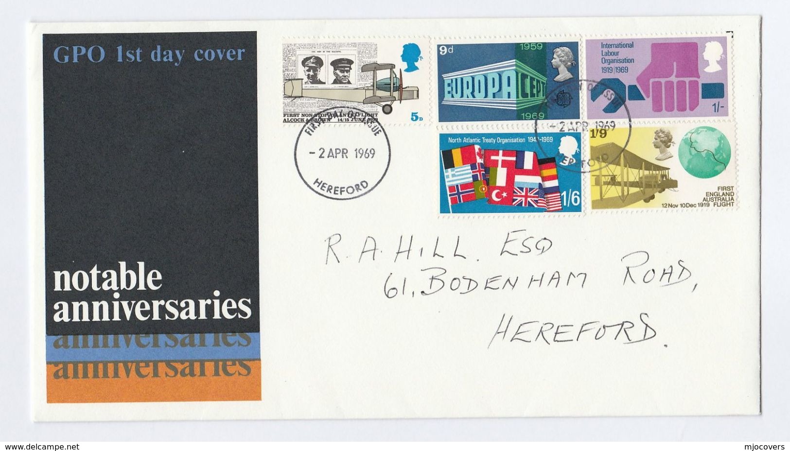 1969 Hereford GB FDC Stamps EUROPA FLAG AIRCRAFT ILO Cover Anniversaries Aviation Un United Nations - 1952-1971 Pre-Decimal Issues